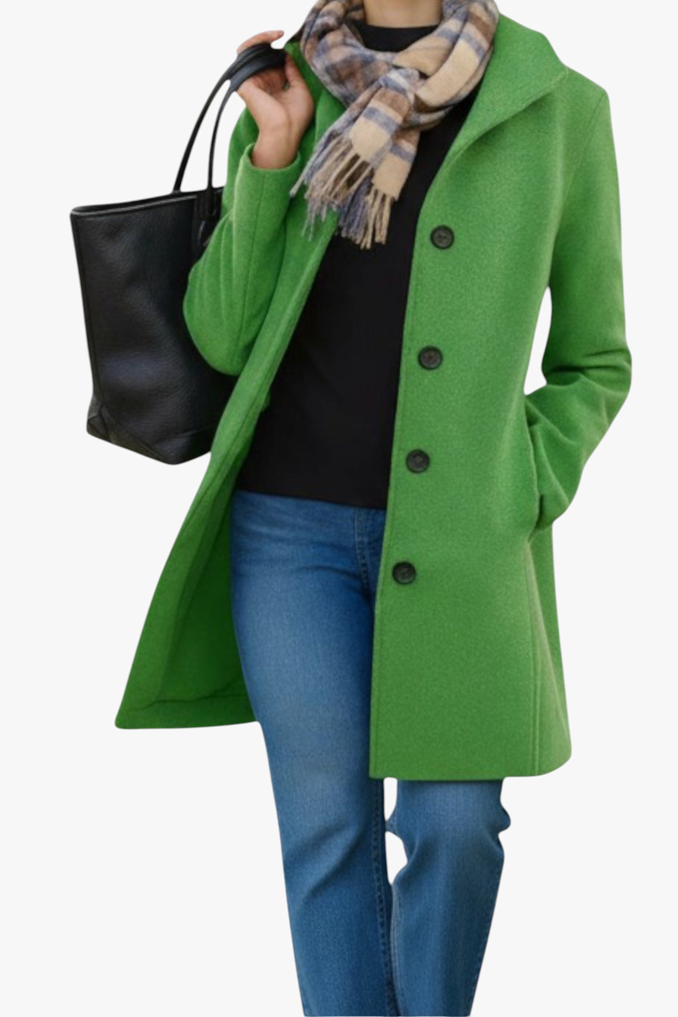 Person wearing a green coat, black shirt, blue jeans, and plaid scarf, holding a black handbag on a white background.