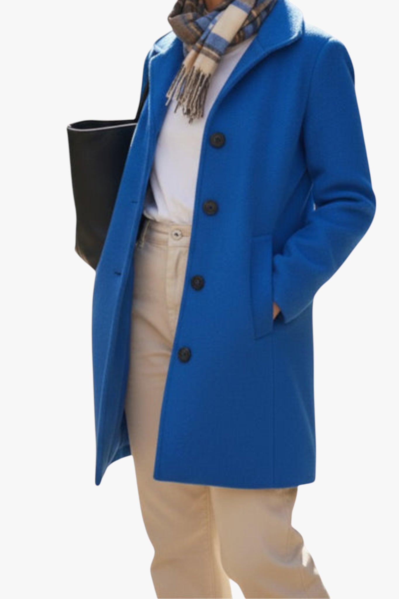 Blue coat worn by a person on a white background