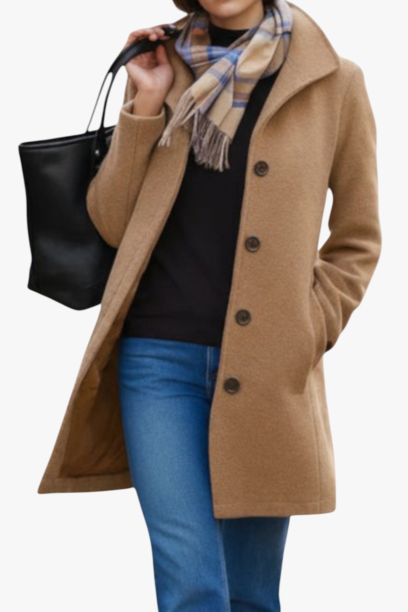 Person wearing a brown coat, black sweater, blue jeans, and plaid scarf holding a black handbag.