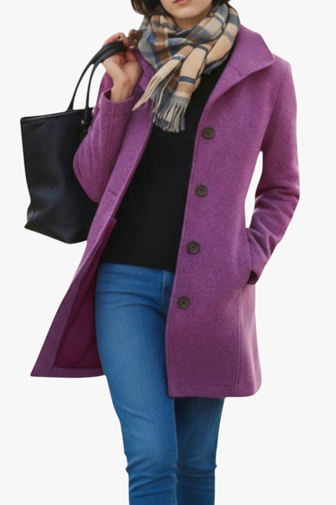 Person wearing a purple coat, black shirt, blue jeans, and plaid scarf holding a black handbag.