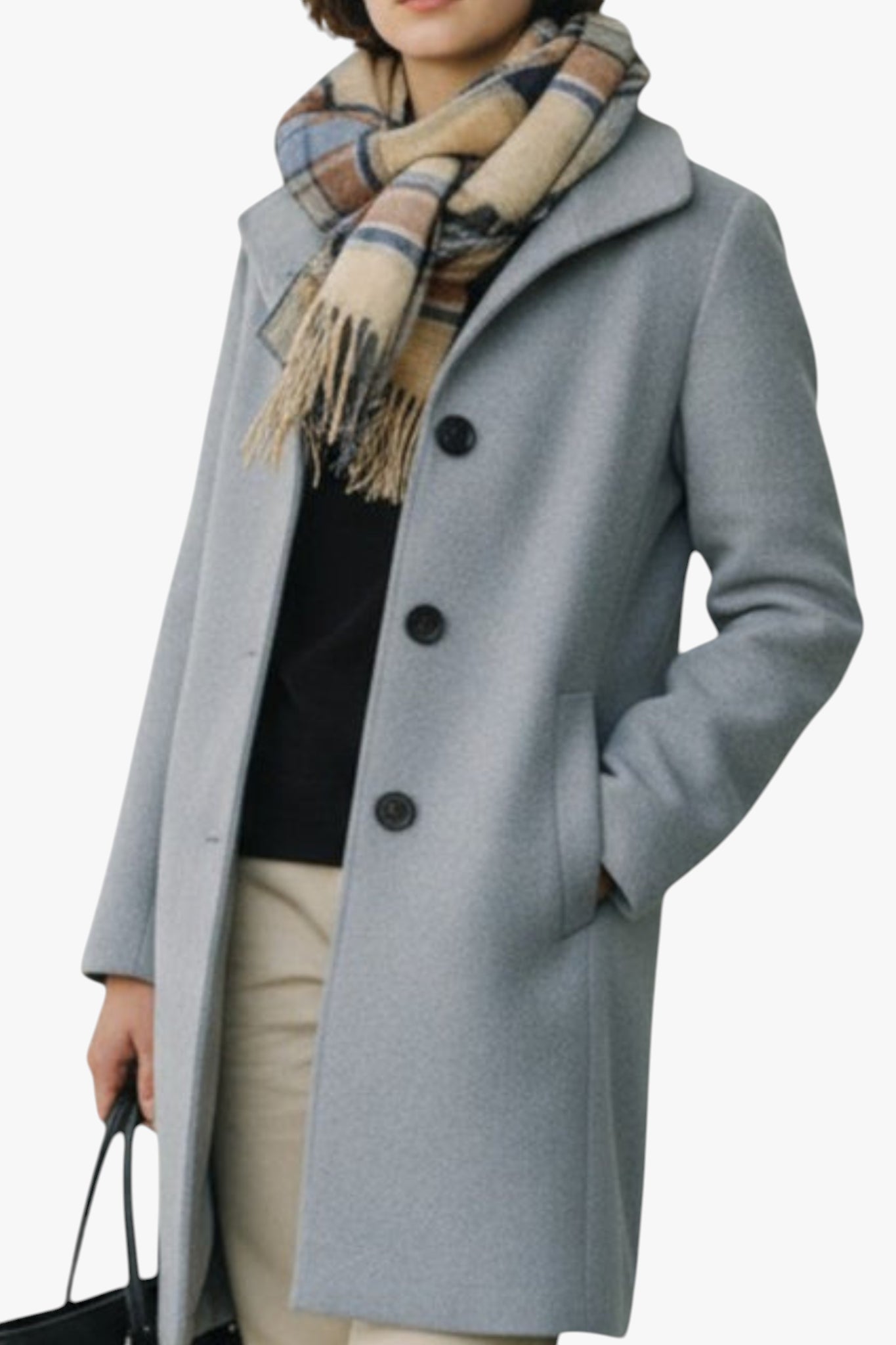 Person wearing a gray coat with a plaid scarf on a white background