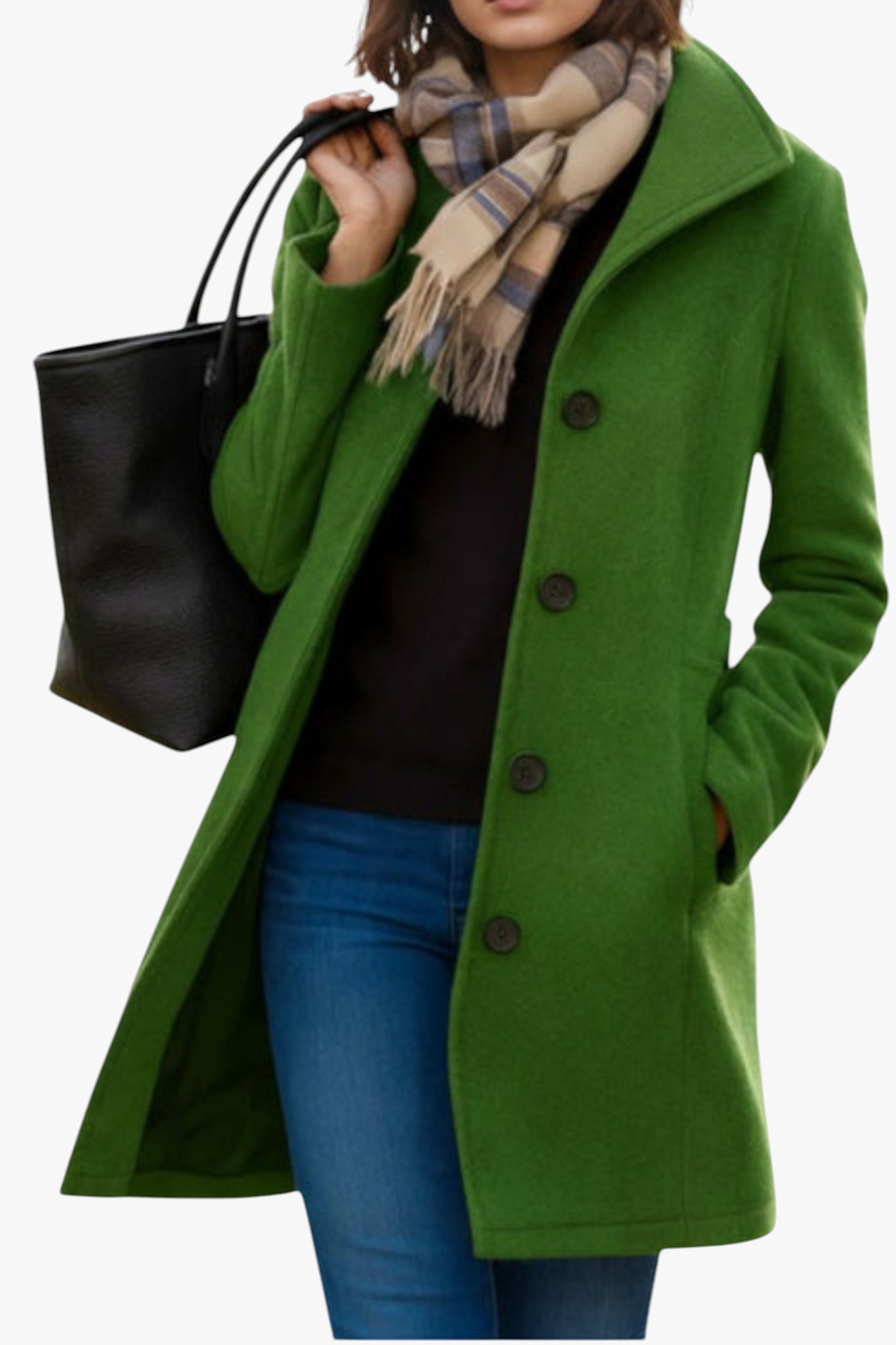 Person wearing a green coat with a black bag and plaid scarf on a white background