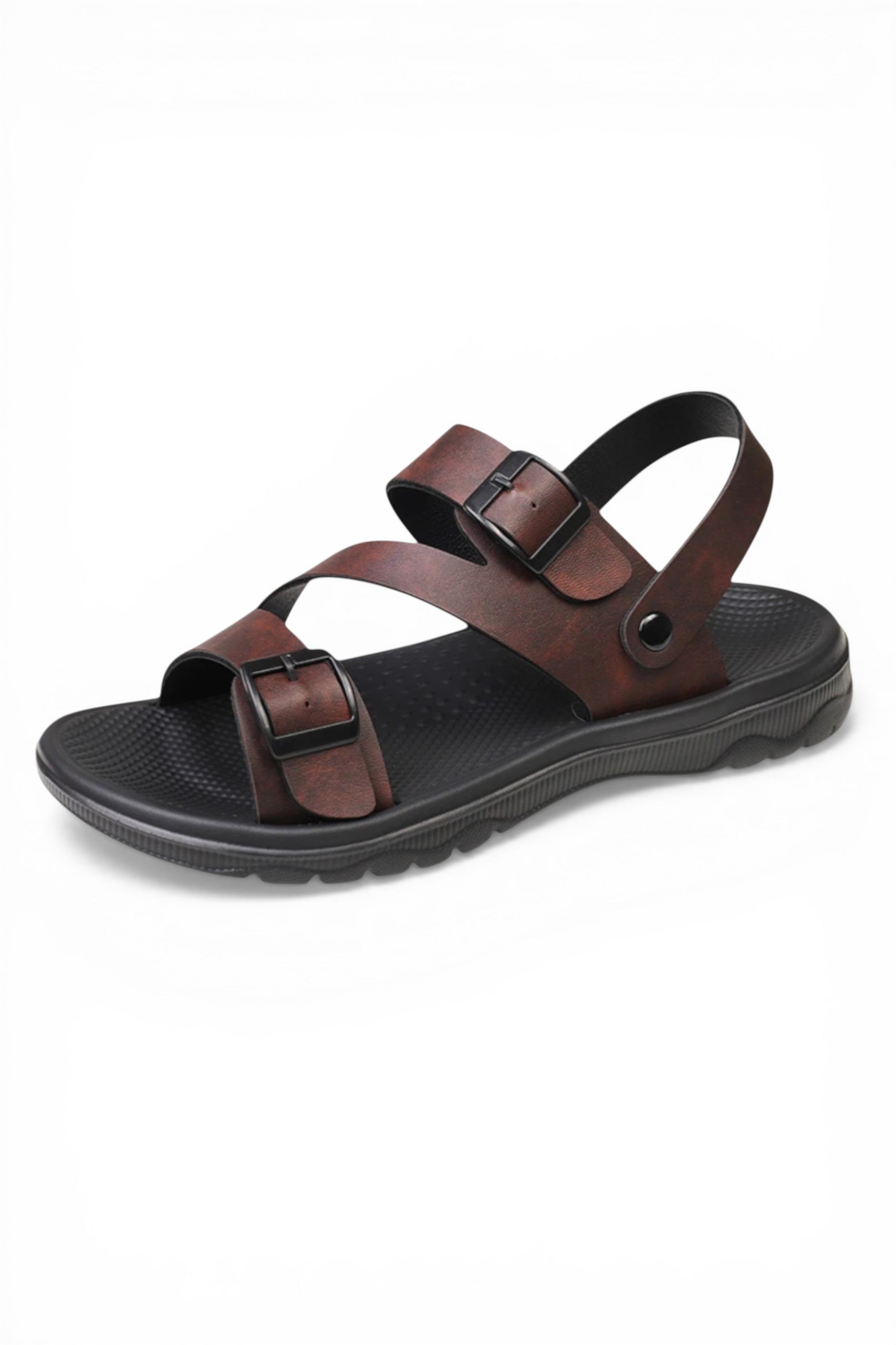 Brown sandal with black straps on a white background