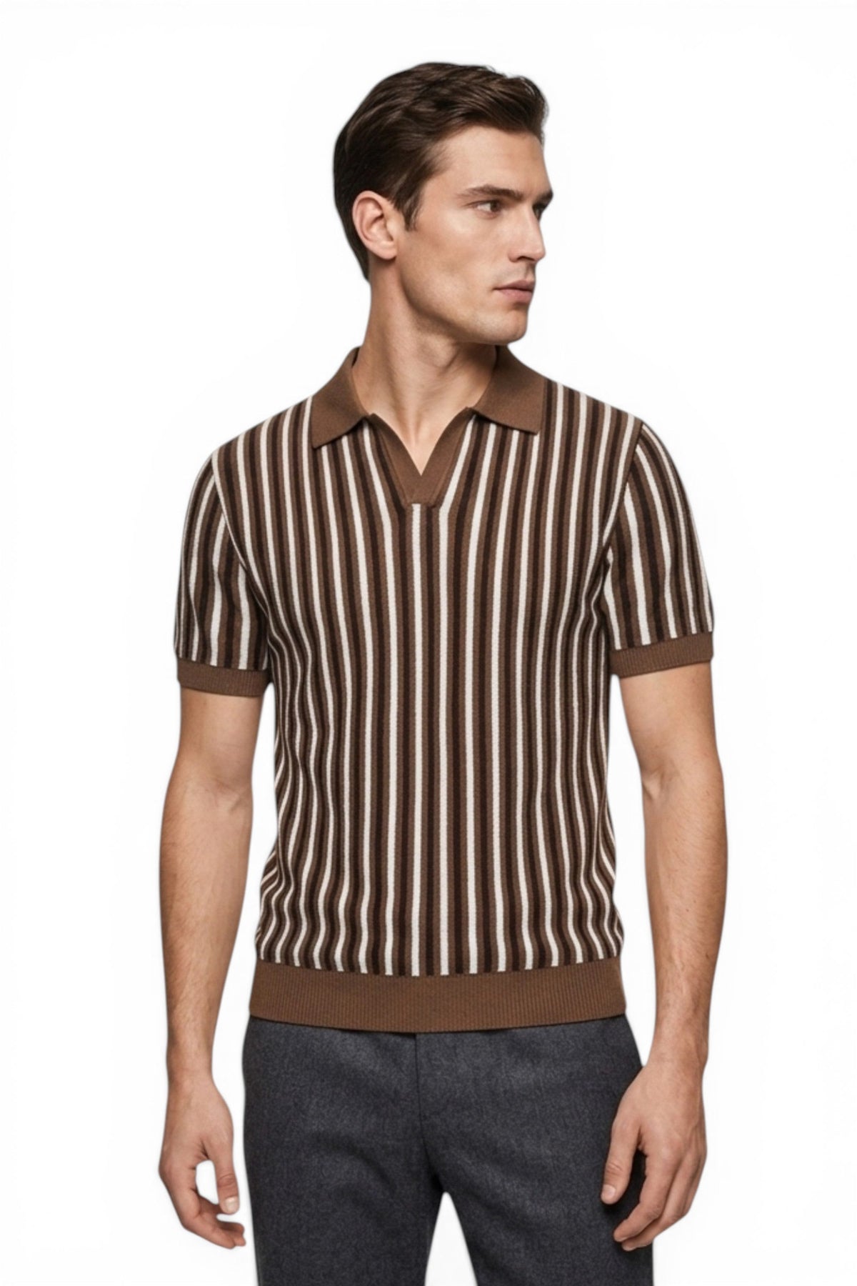 Man wearing a brown and white striped polo shirt on a white background