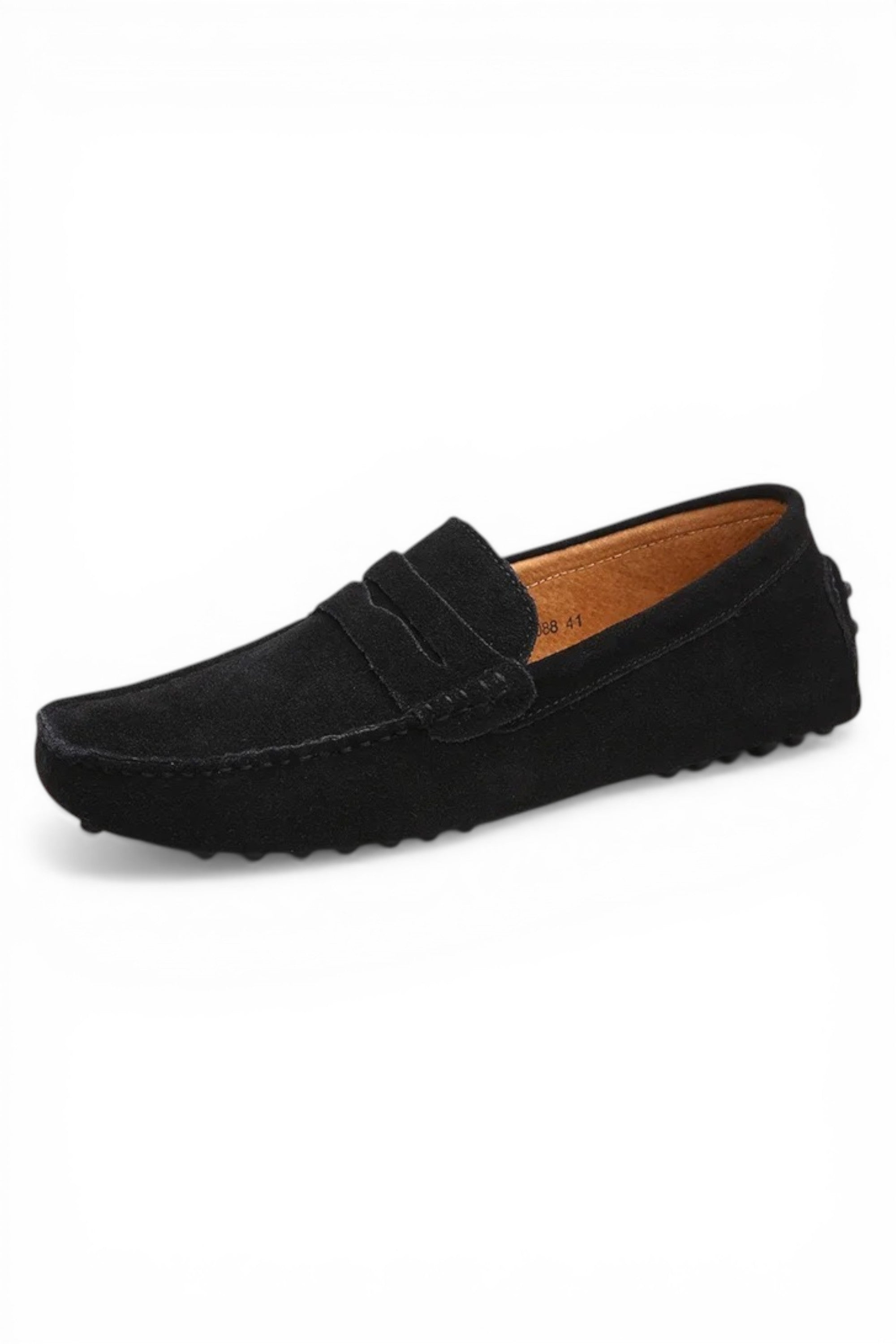 Navy slip-on shoe with white sole on a light gray background