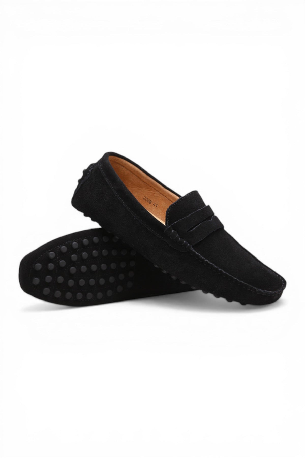 Black loafers on a white background