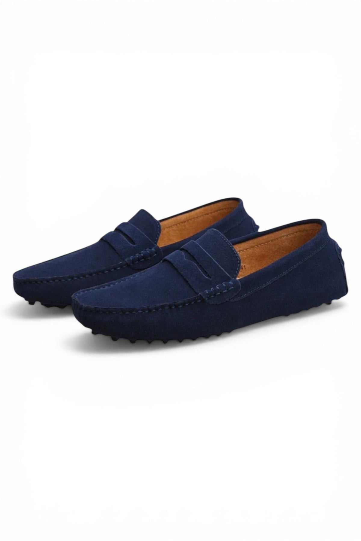 Pair of navy blue loafers on a white background