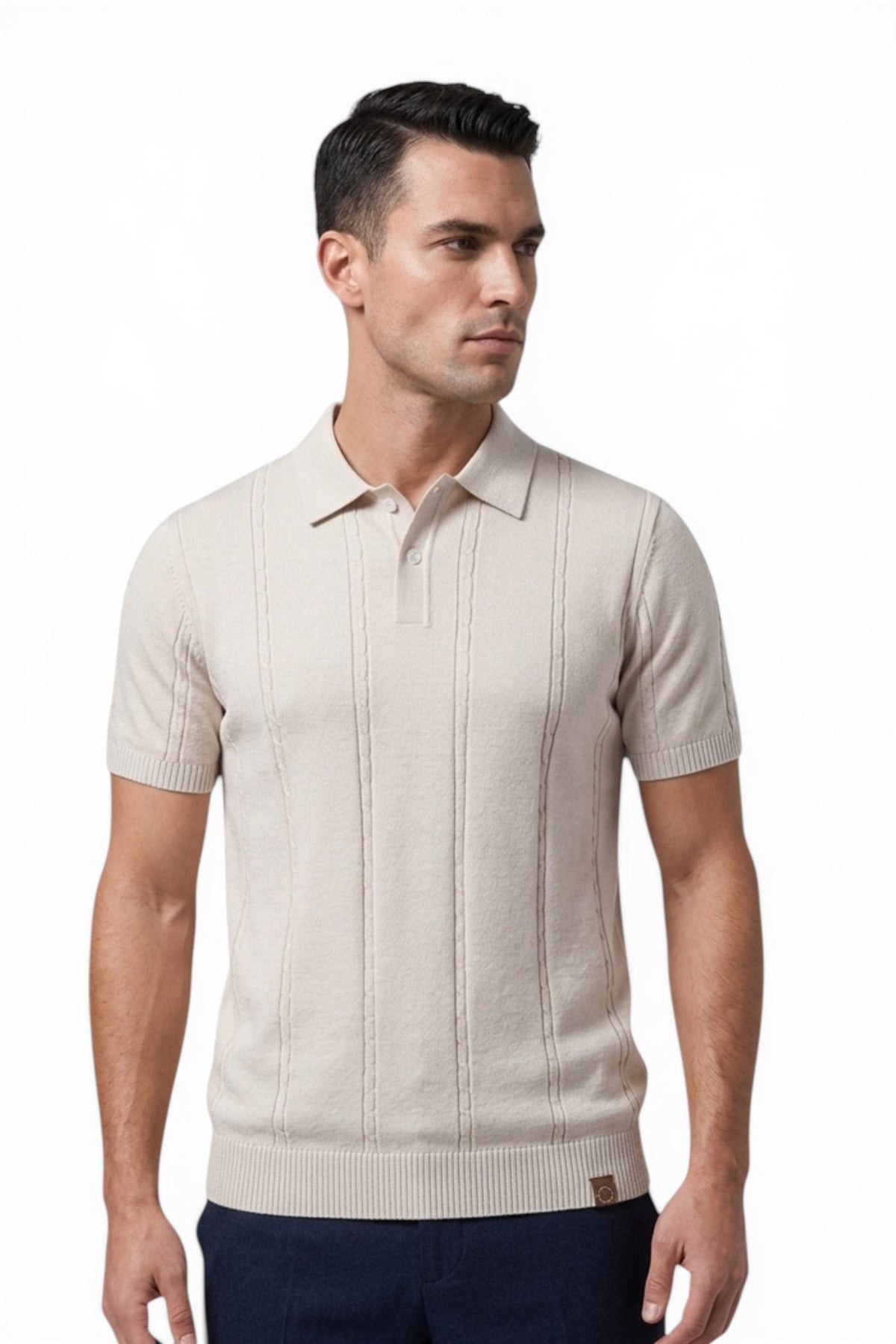 Man wearing a beige short-sleeve knit polo shirt on a white background