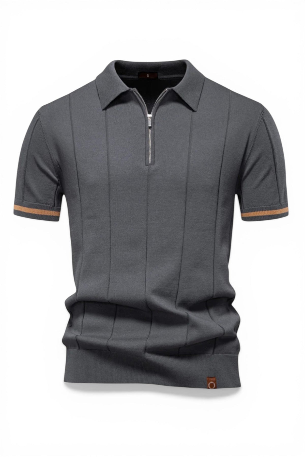 Gray polo shirt with a zipper on a white background