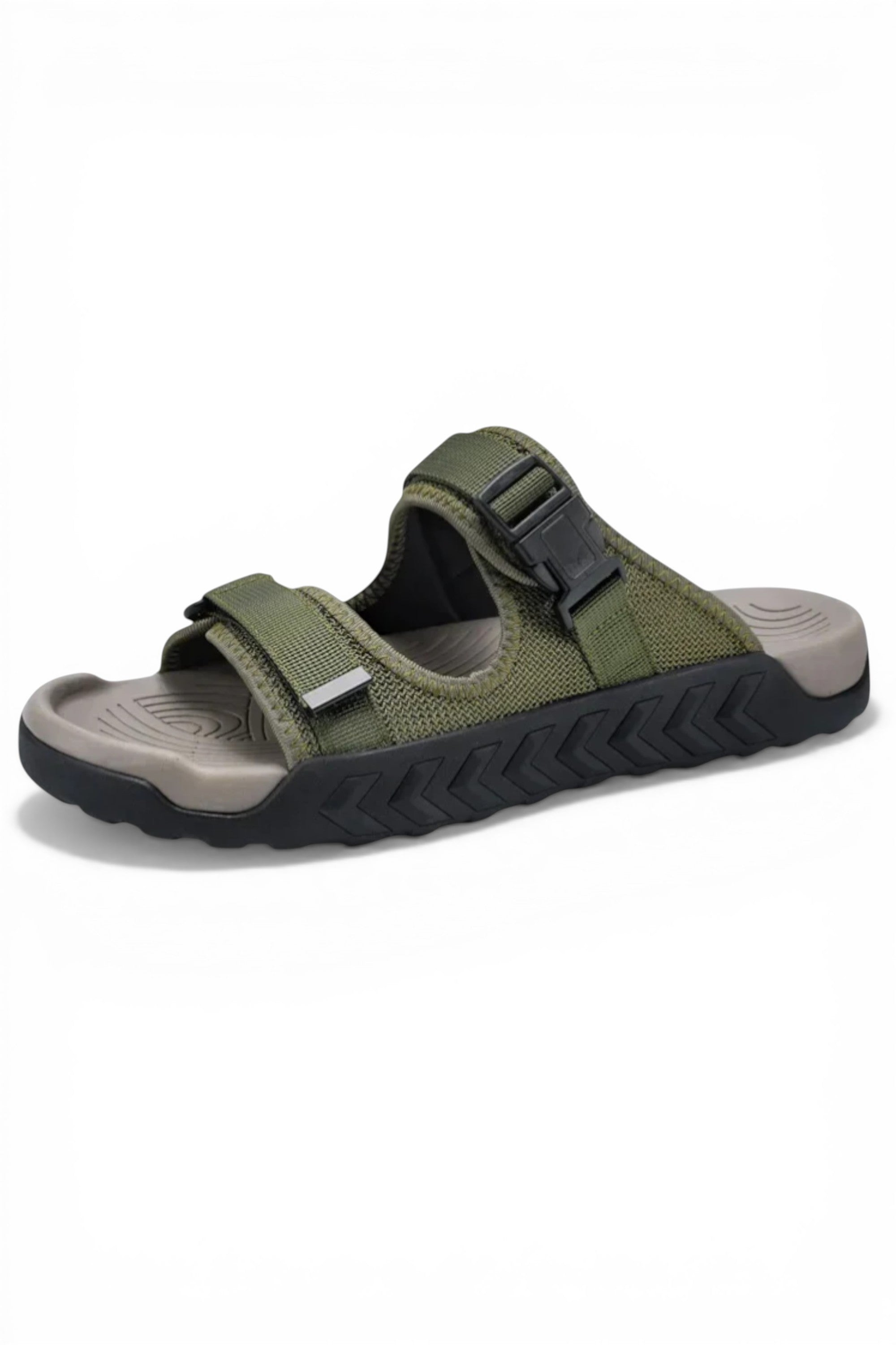 Green sandal with black straps on a white background