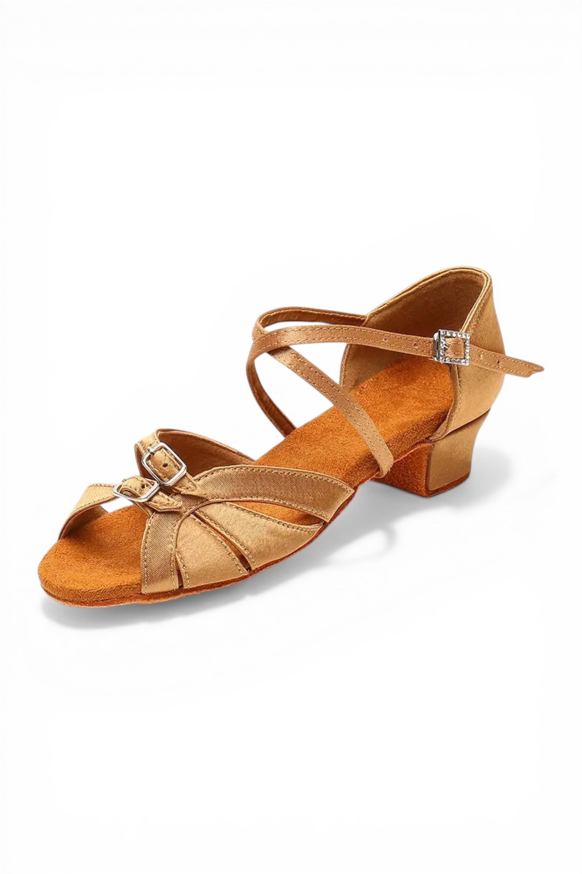 Brown dance shoe with a wooden sole on a white background