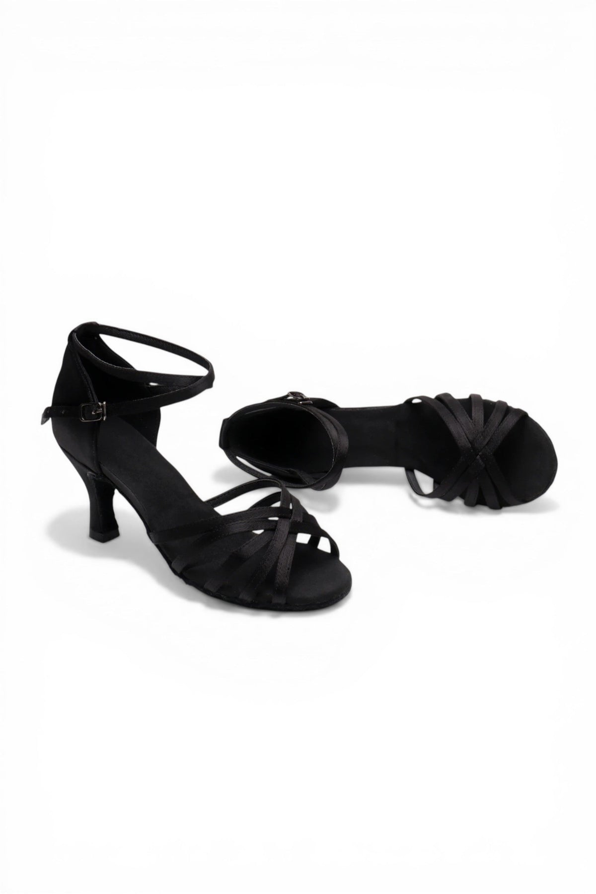 Black high-heeled sandals on a white background