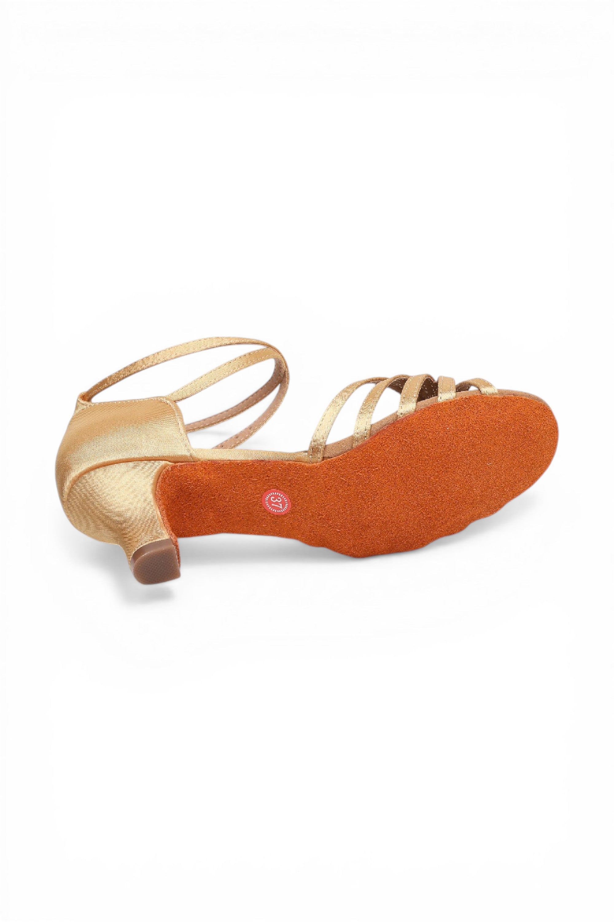 Gold high-heeled shoe with orange sole on a white background