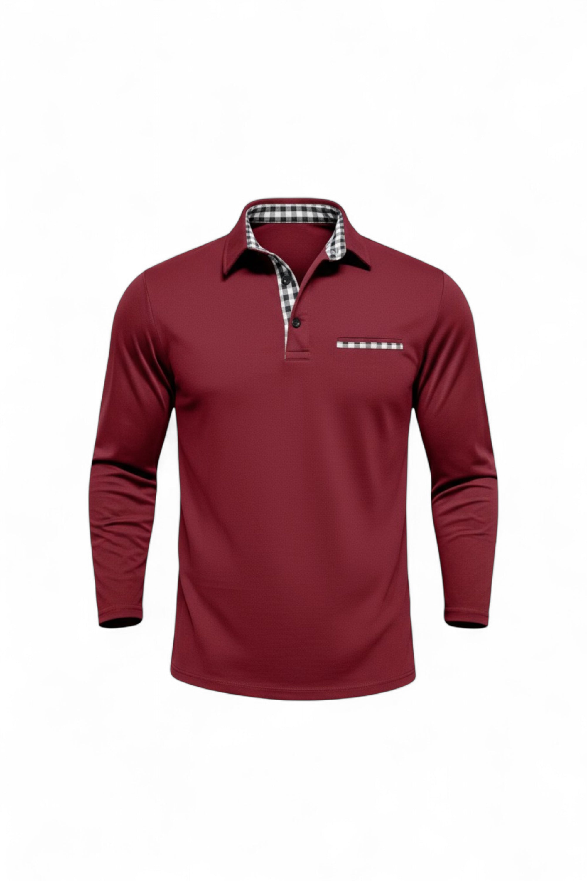 Maroon long-sleeve shirt with a checkered collar on a white background