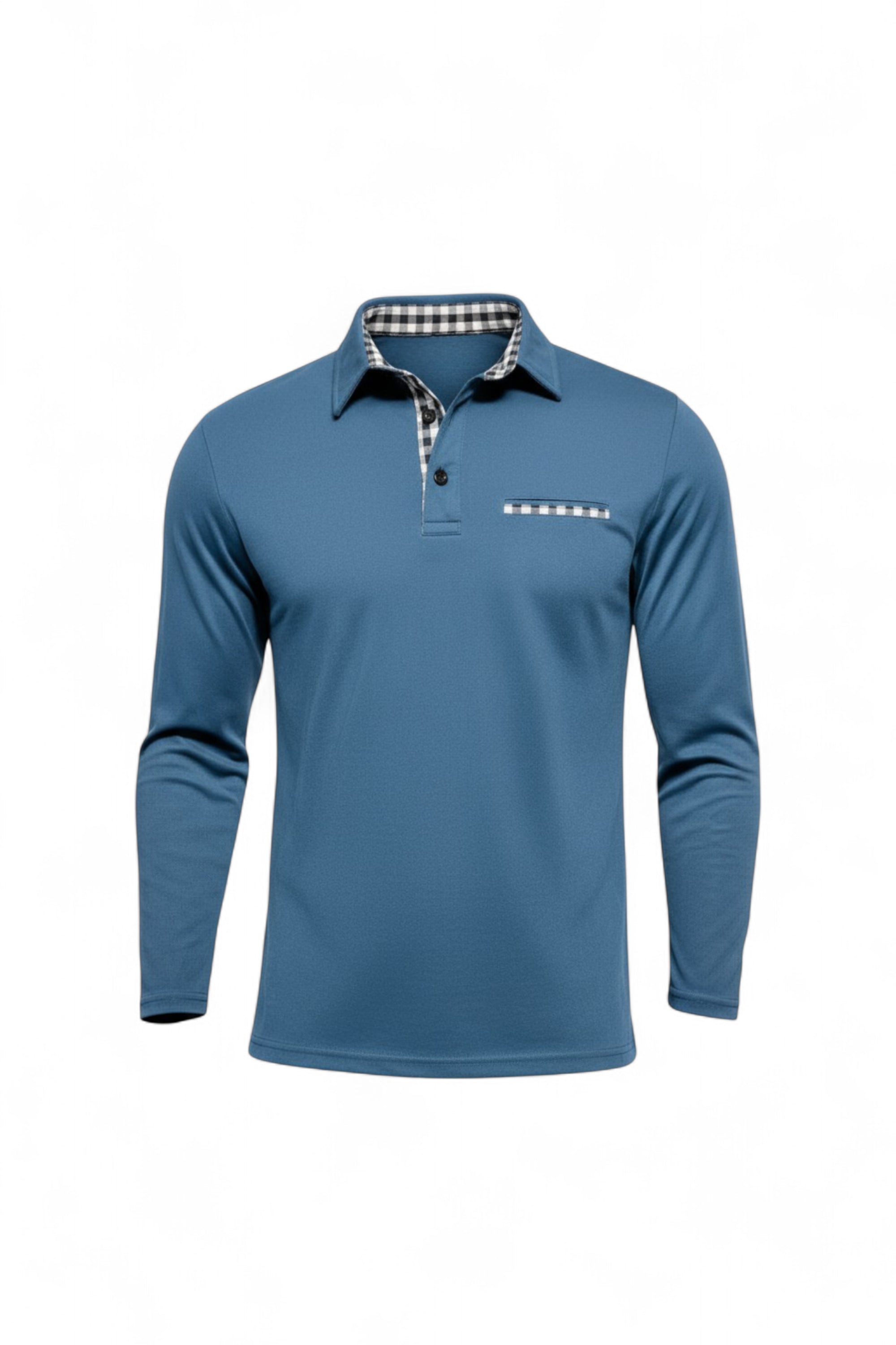 Blue long-sleeve polo shirt with a checkered collar on a white background