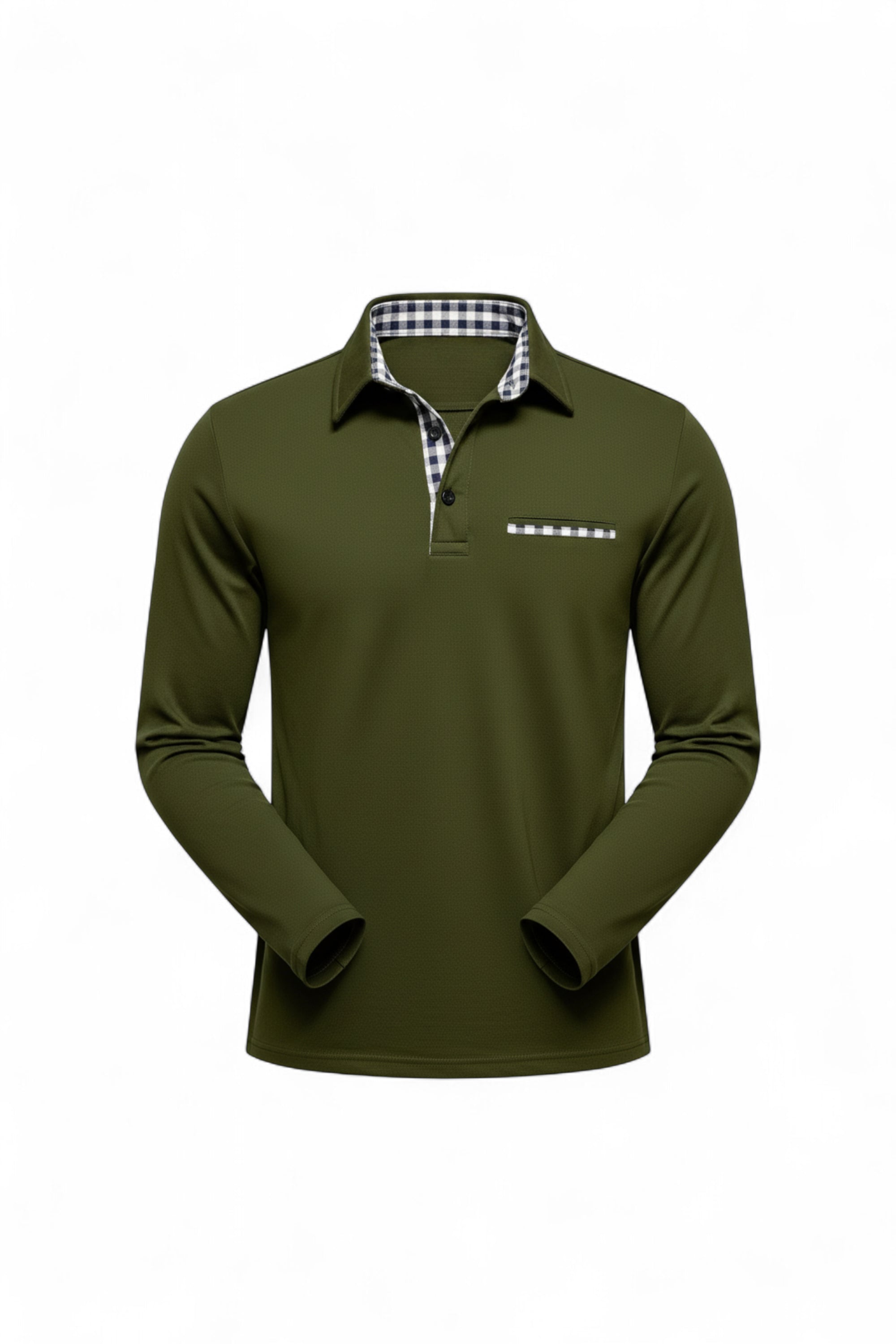 Green long-sleeve shirt with plaid collar on a white background