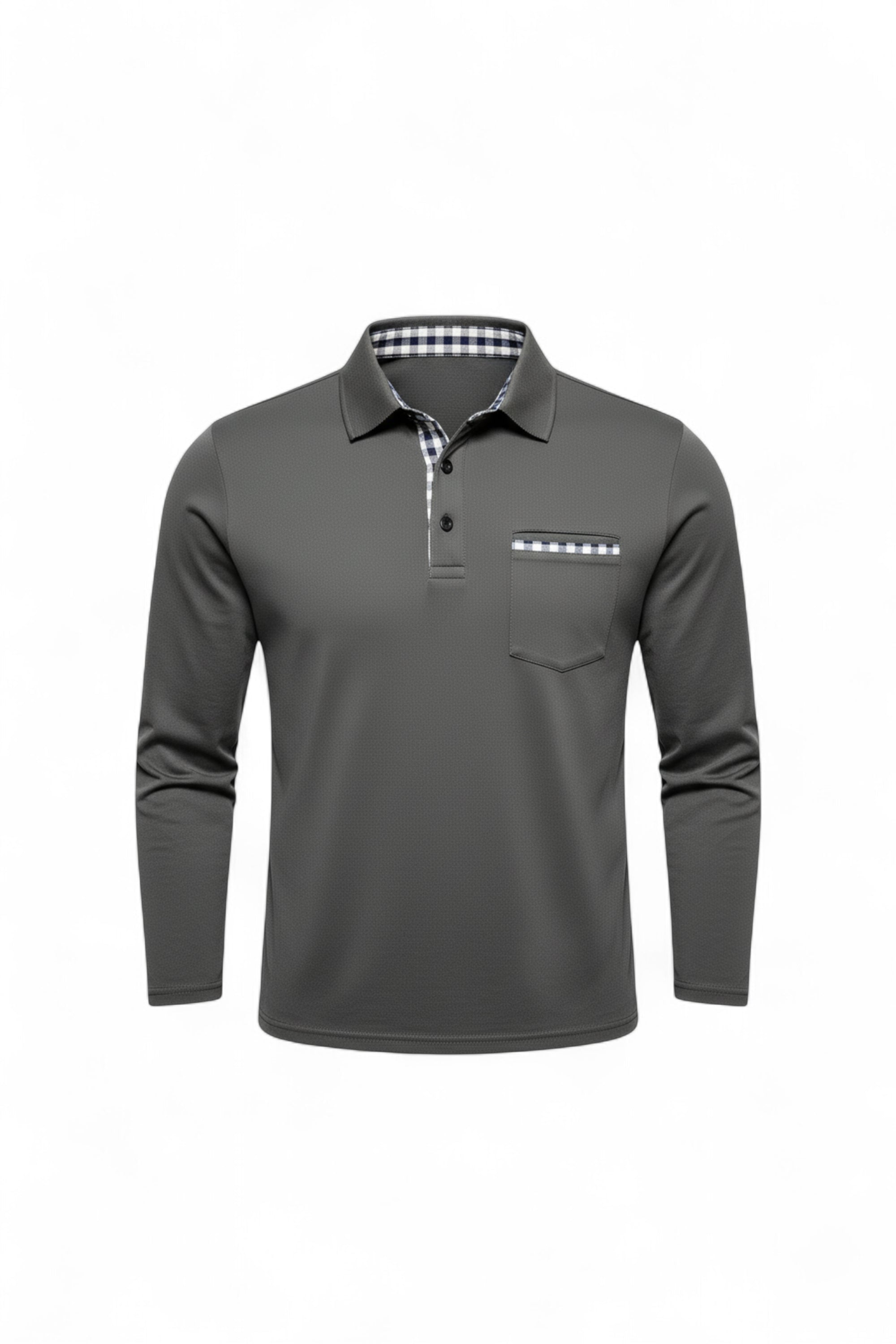 Gray long-sleeve polo shirt with a checkered collar on a white background