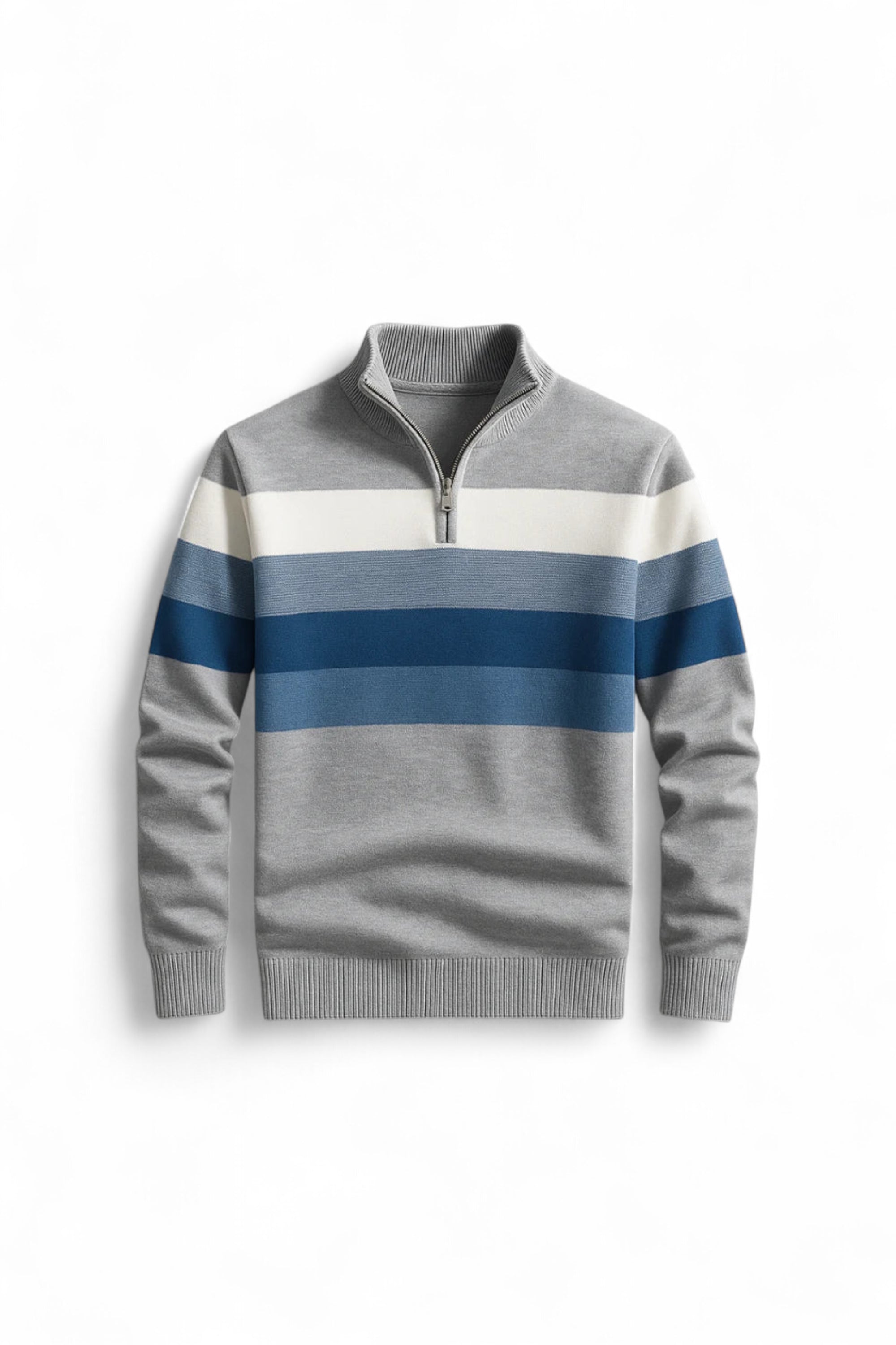 Gray sweater with blue and white stripes on a white background
