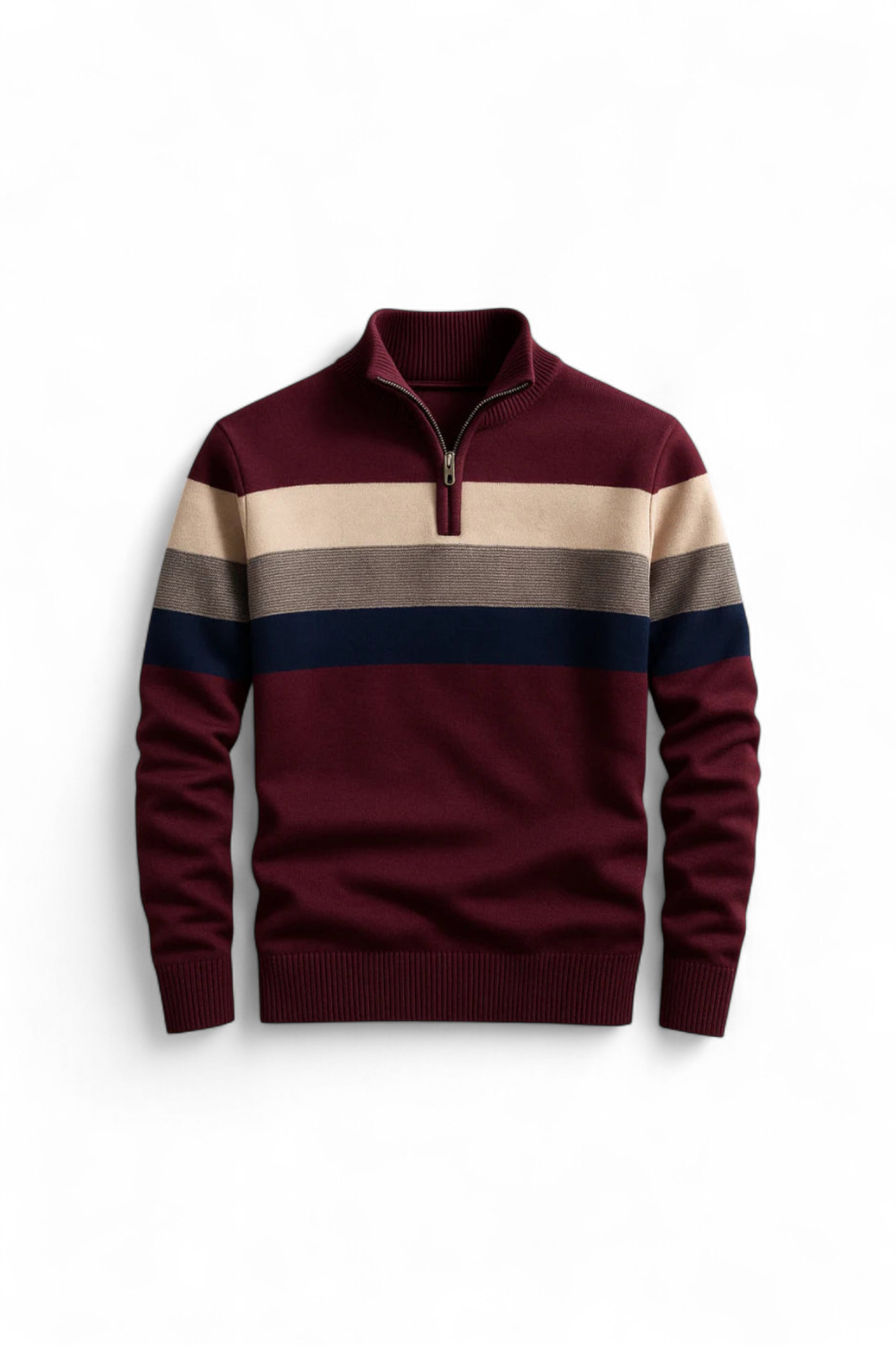 Maroon sweater with horizontal stripes on a white background