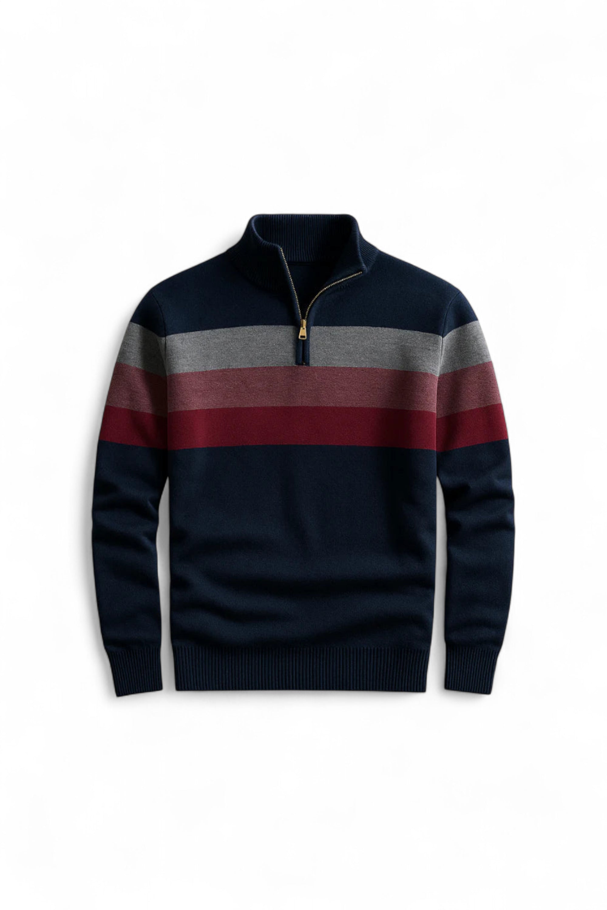 Navy sweater with red and gray stripes on a white background