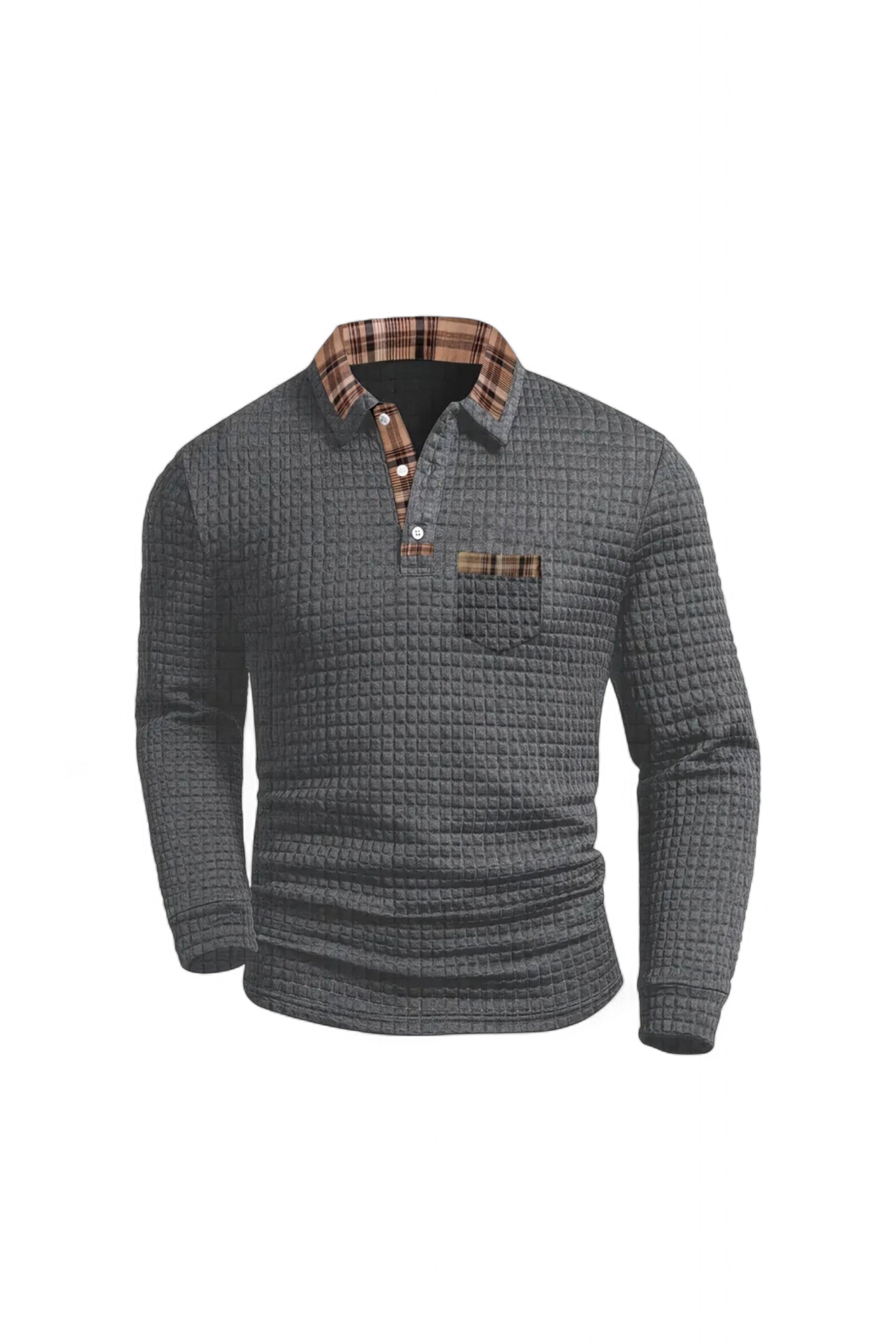 Gray textured long-sleeve shirt with plaid collar on a white background