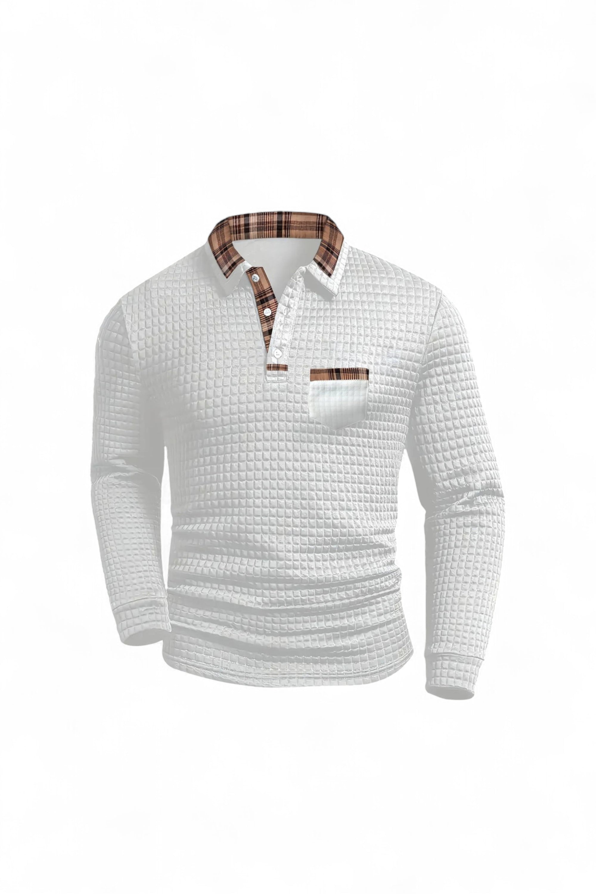 White textured long-sleeve shirt with plaid collar on a white background