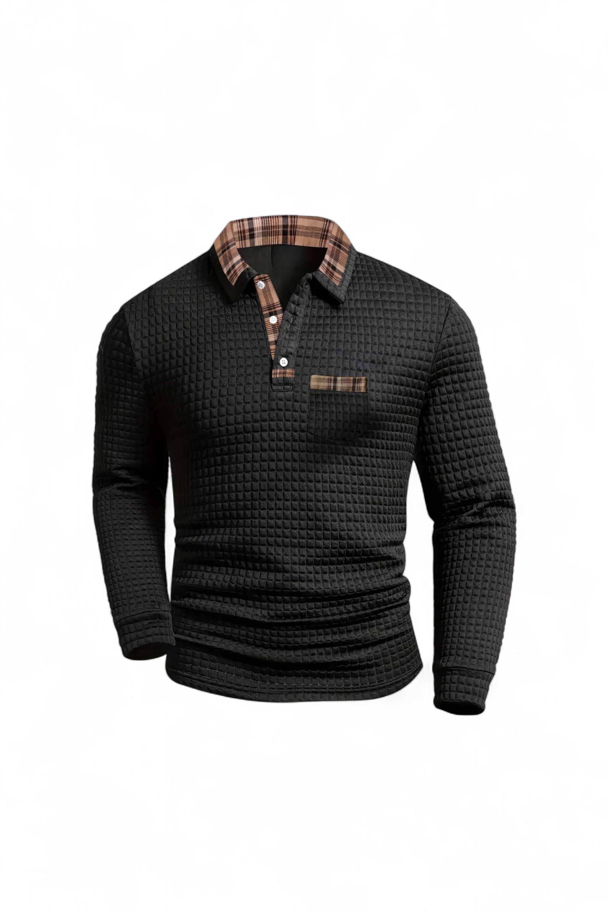 Black textured long-sleeve shirt with plaid collar on a white background