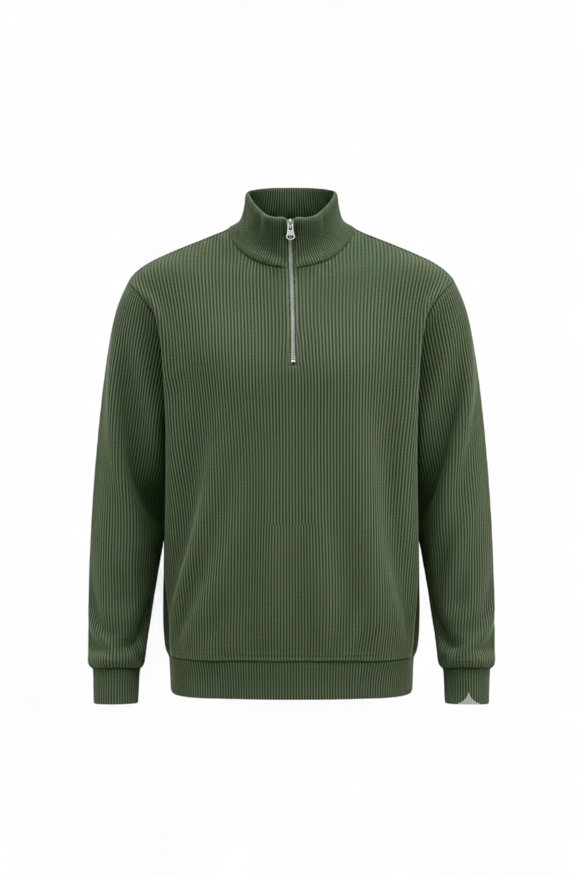 Green ribbed sweater with a quarter zip on a white background
