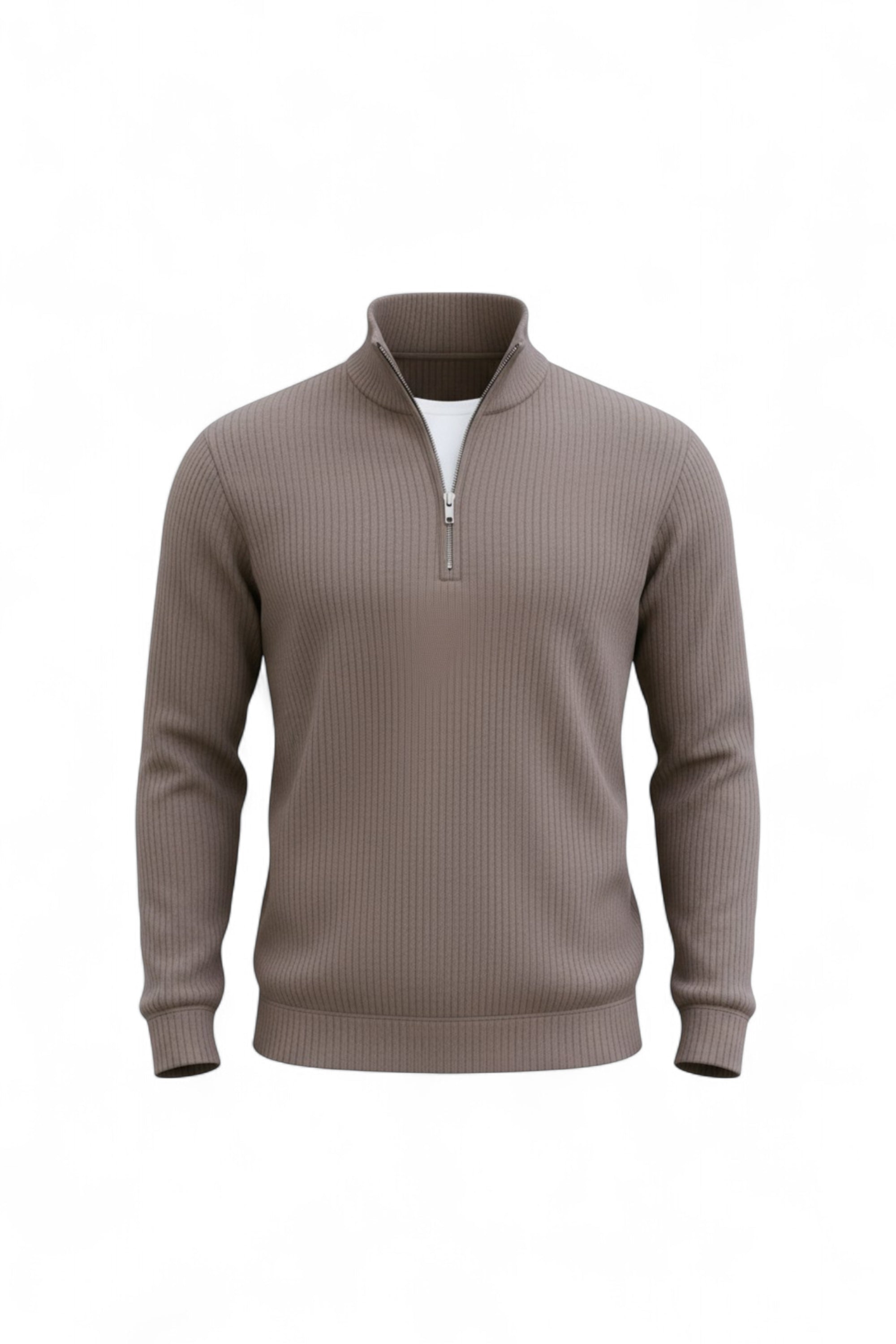 Brown ribbed sweater with a quarter zip on a white background