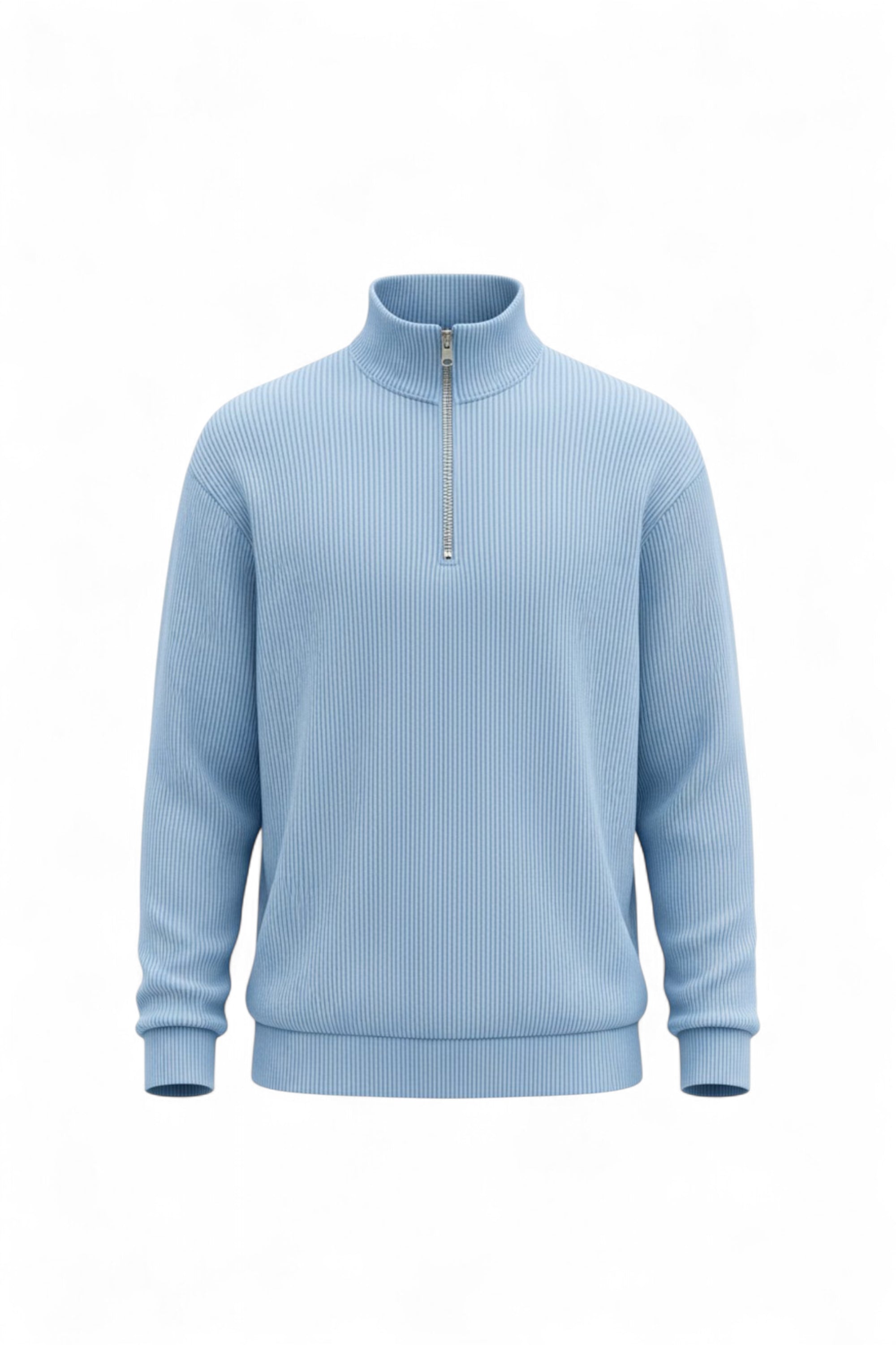 Light blue ribbed sweater with a quarter zip on a white background