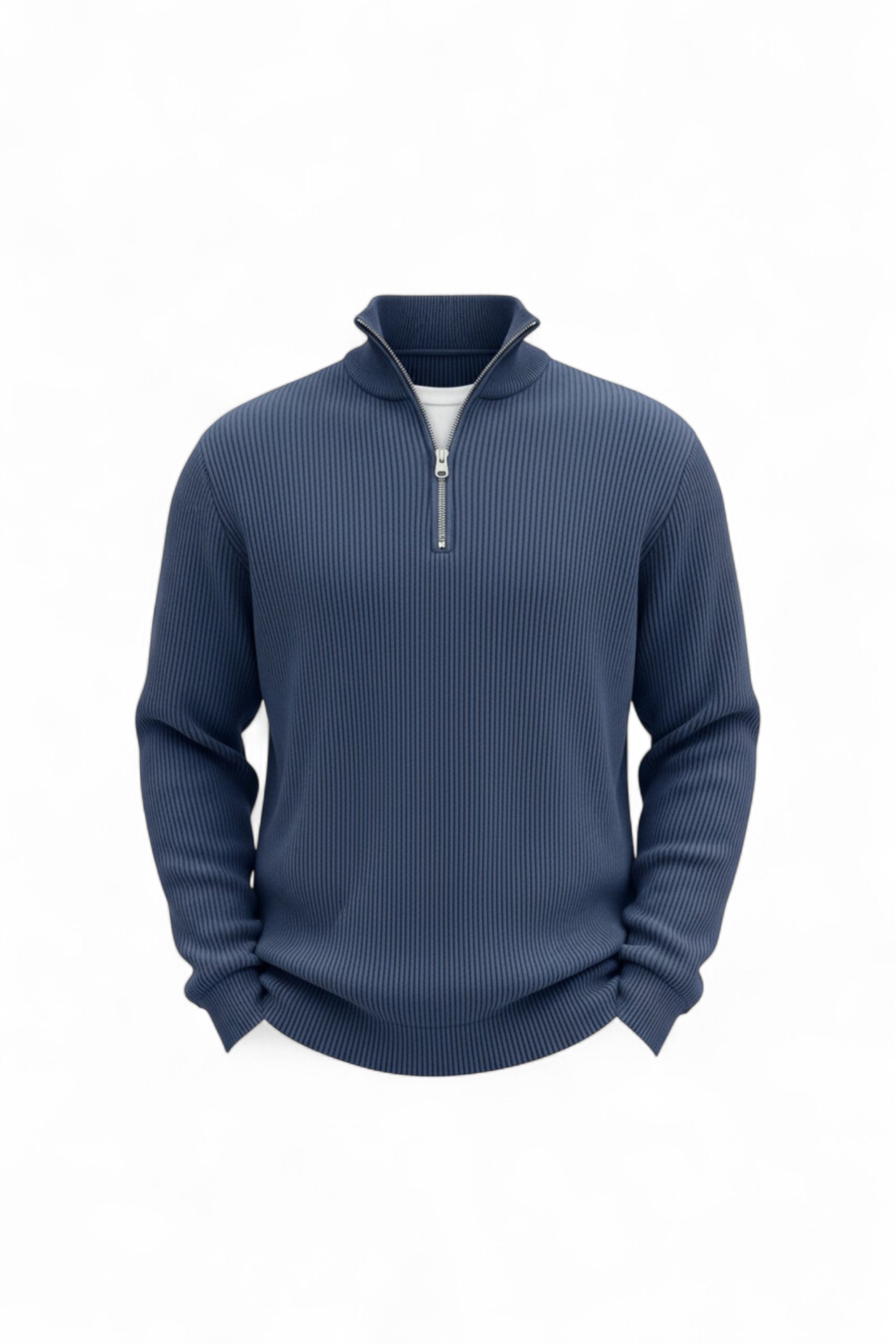 Blue ribbed sweater with a zipper on a white background