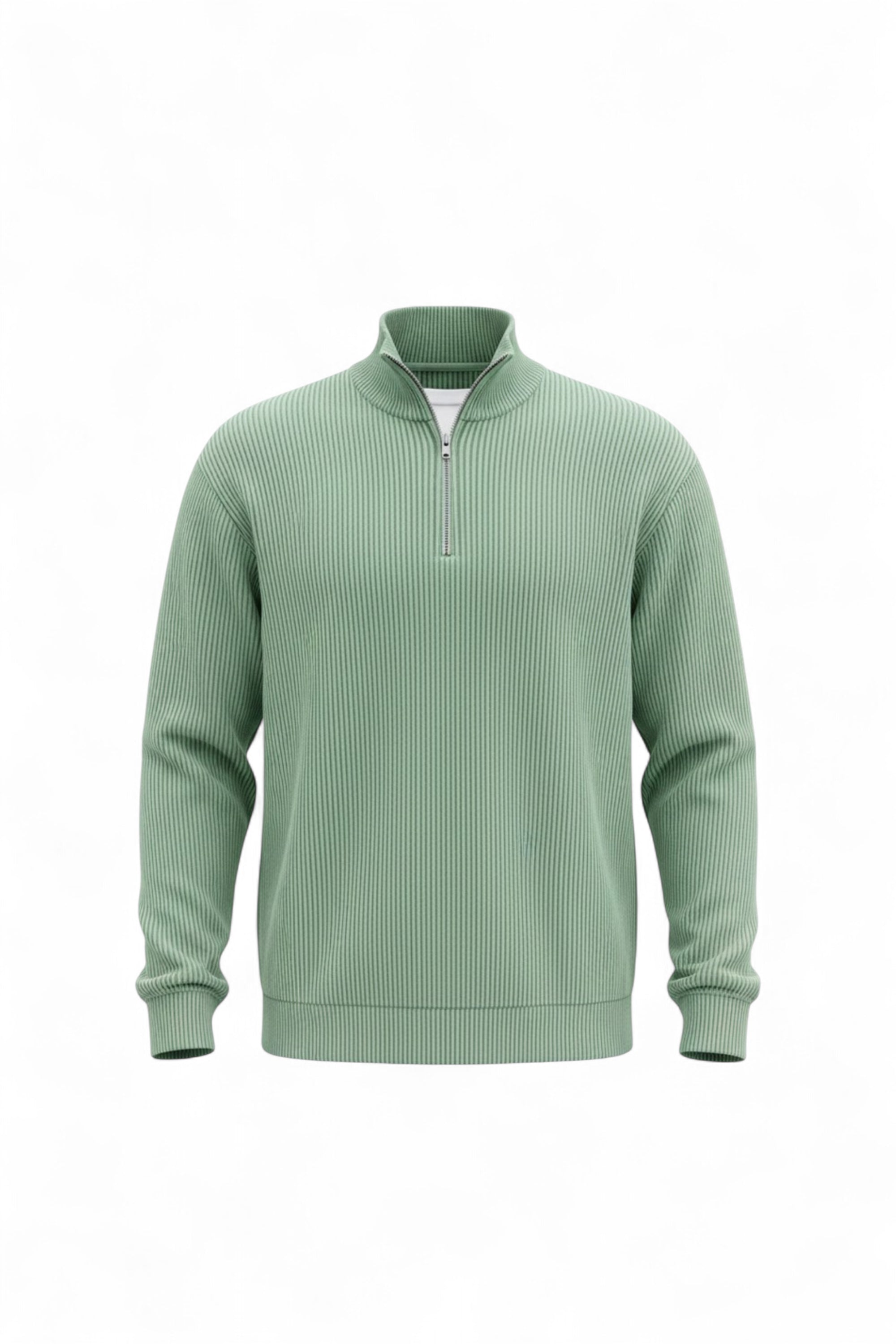 Green ribbed sweater with a quarter zip on a white background