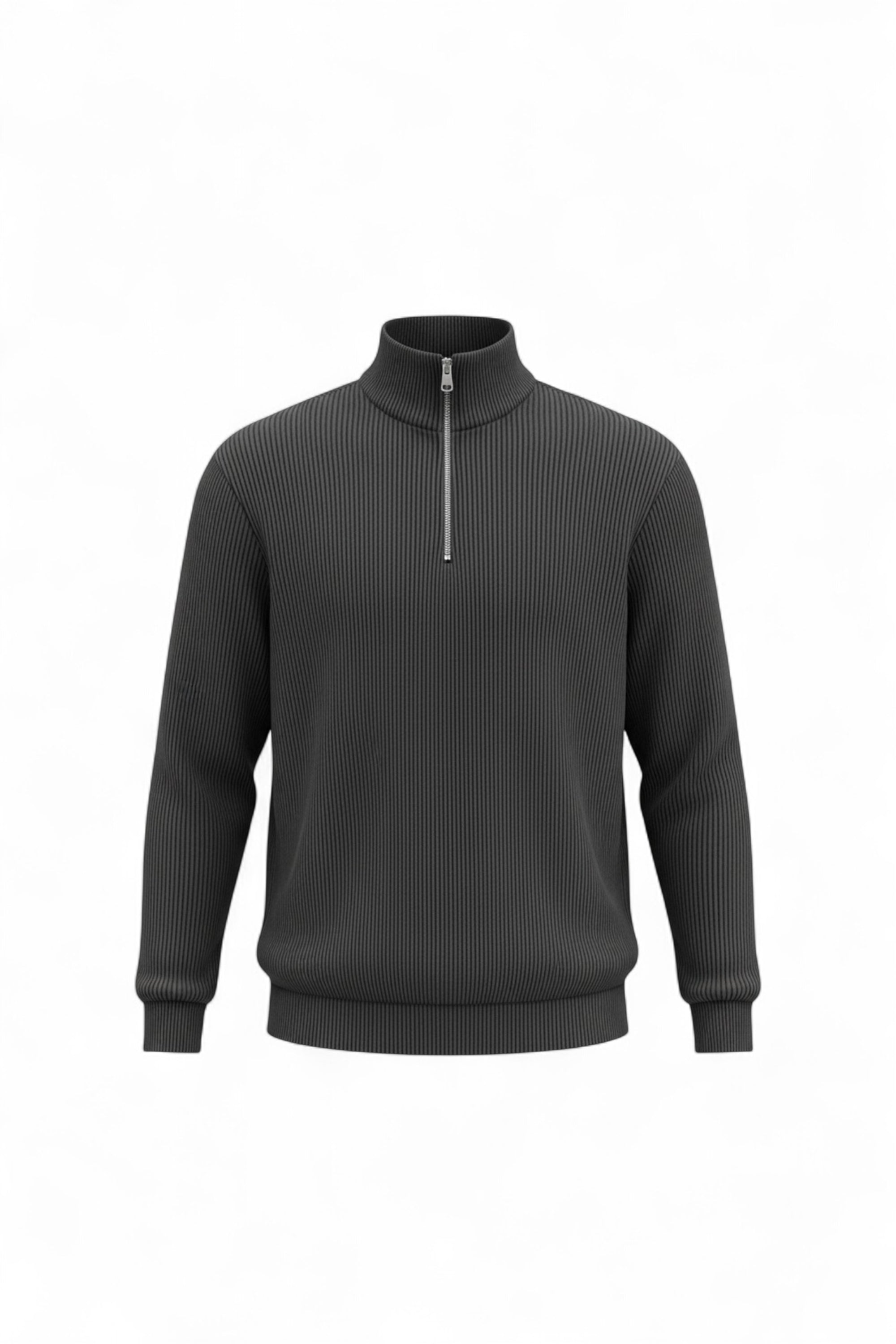 Dark gray ribbed sweater with a quarter zip on a white background