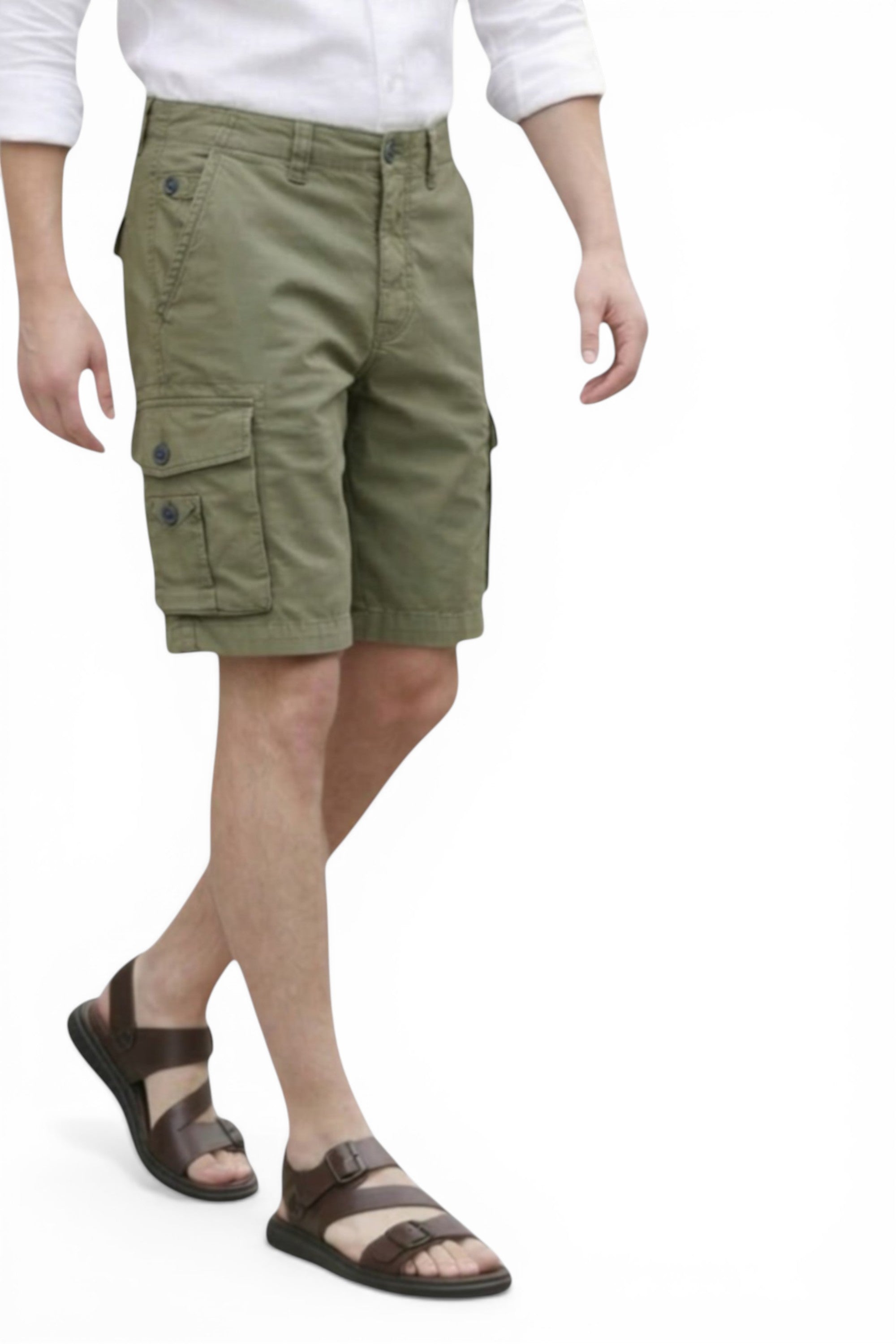 Person wearing green cargo shorts on a white background