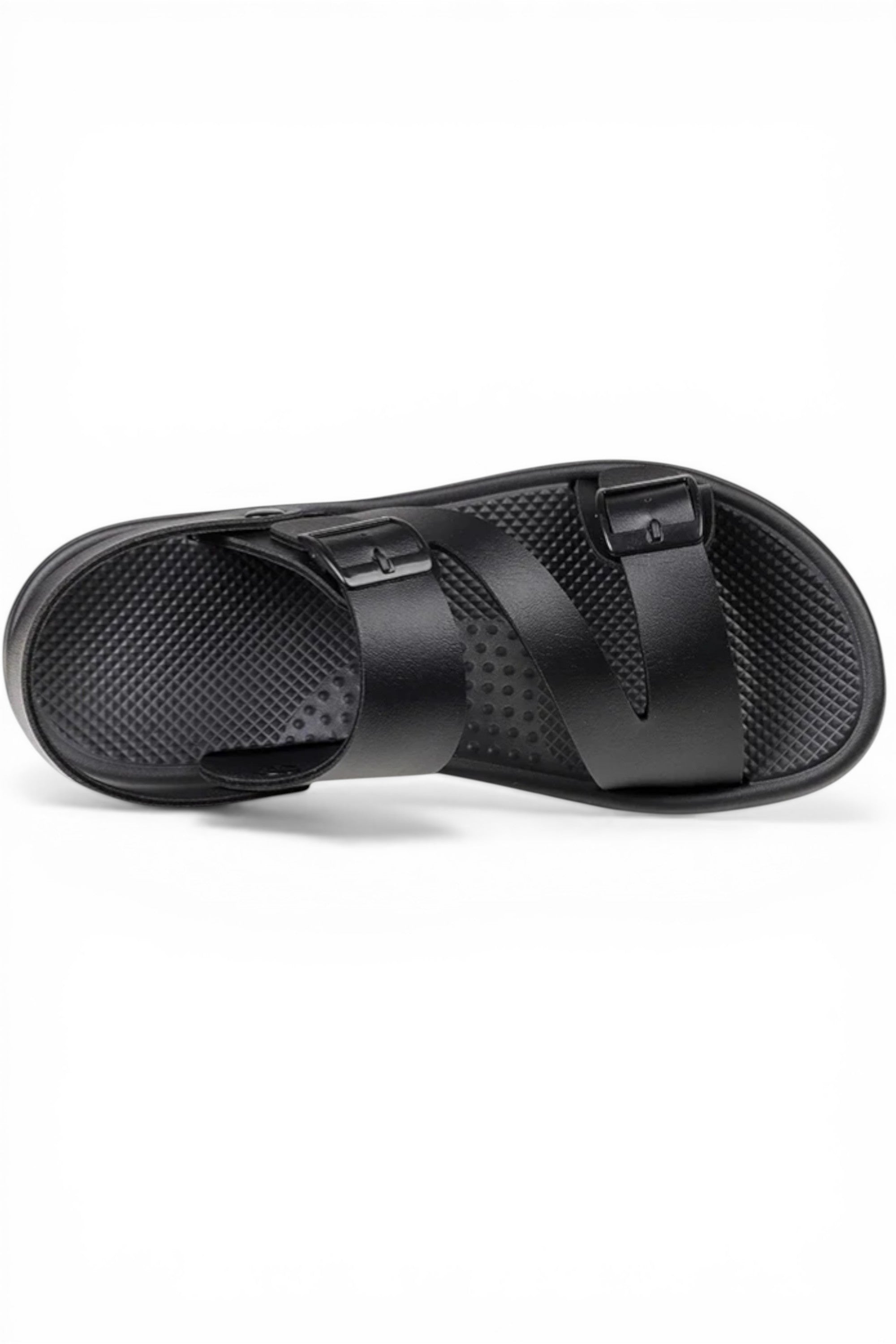 Black sandal with two straps on a white background