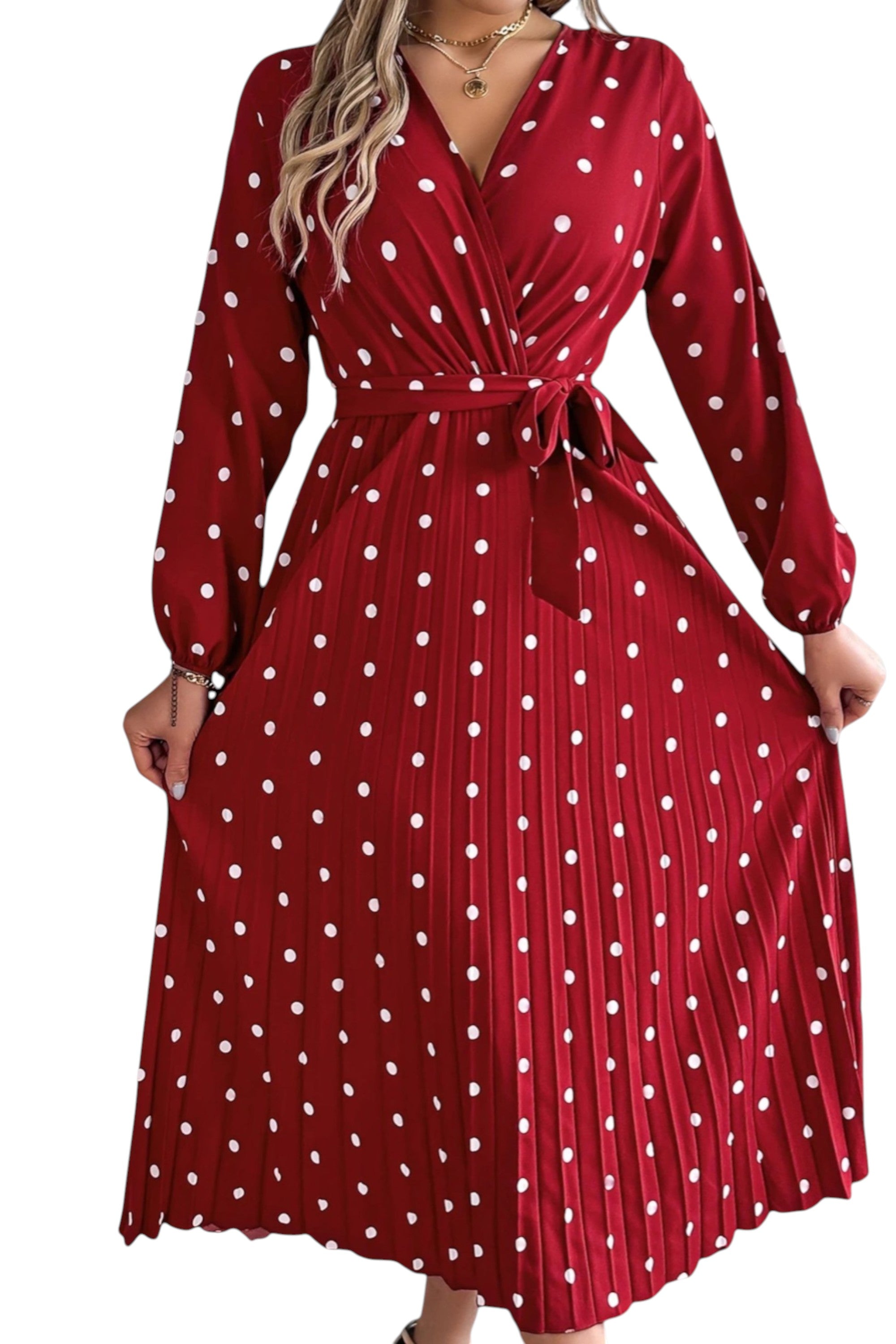 Rumef | Contrast Polka Dot Pleated Long Dress for Women