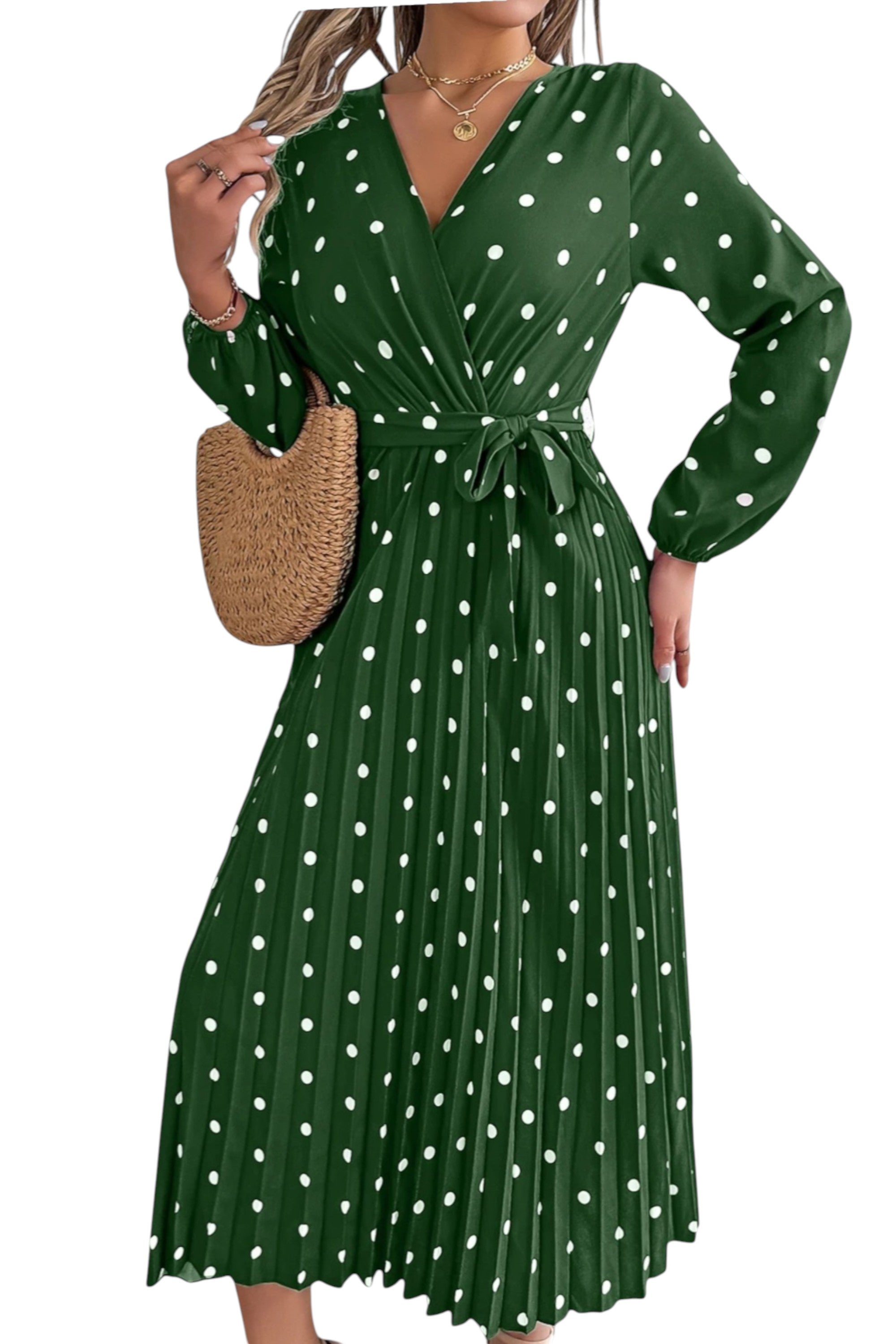 Rumef | Contrast Polka Dot Pleated Long Dress for Women