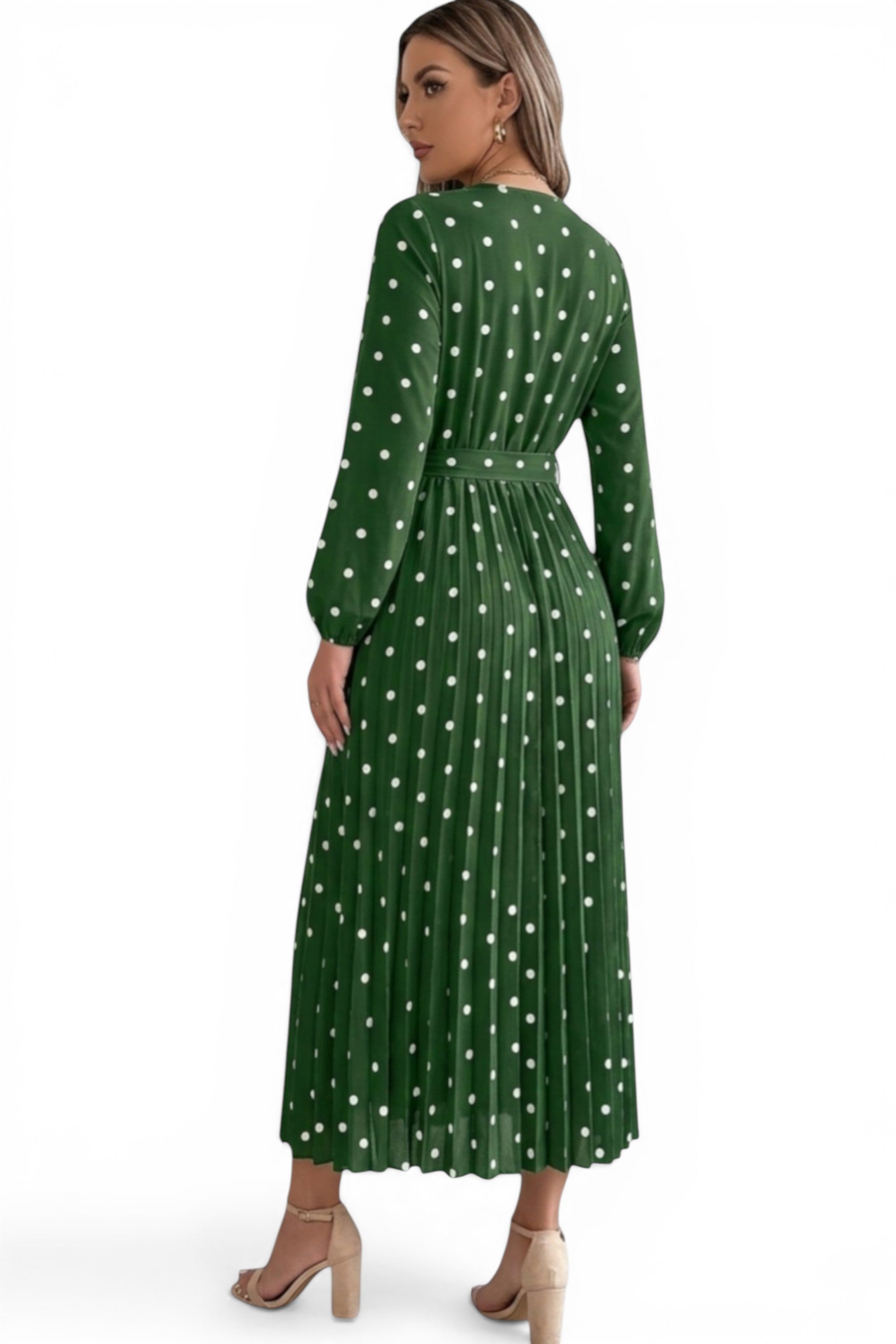 Rumef | Contrast Polka Dot Pleated Long Dress for Women