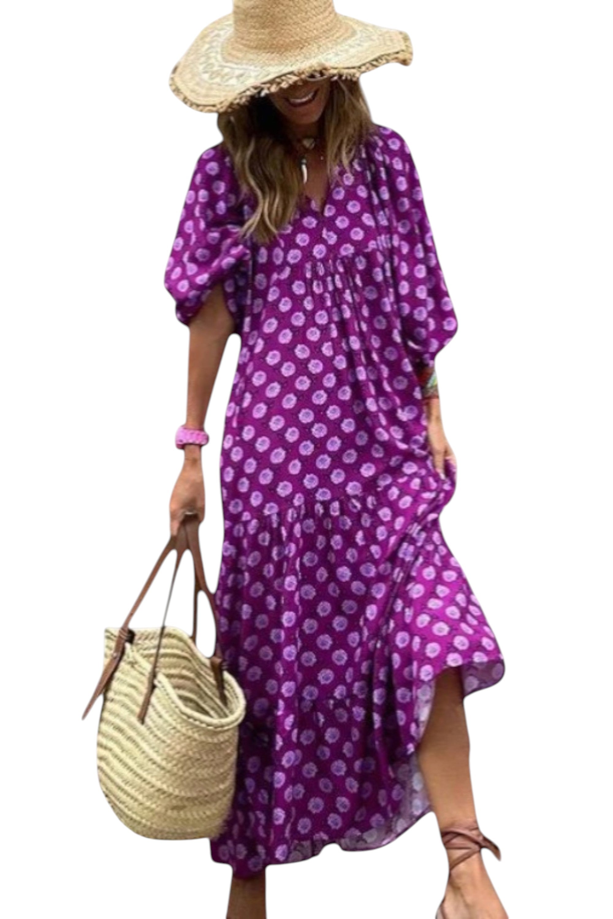 Rumef | Floral Boho Puff Sleeve Maxi Dress for Women