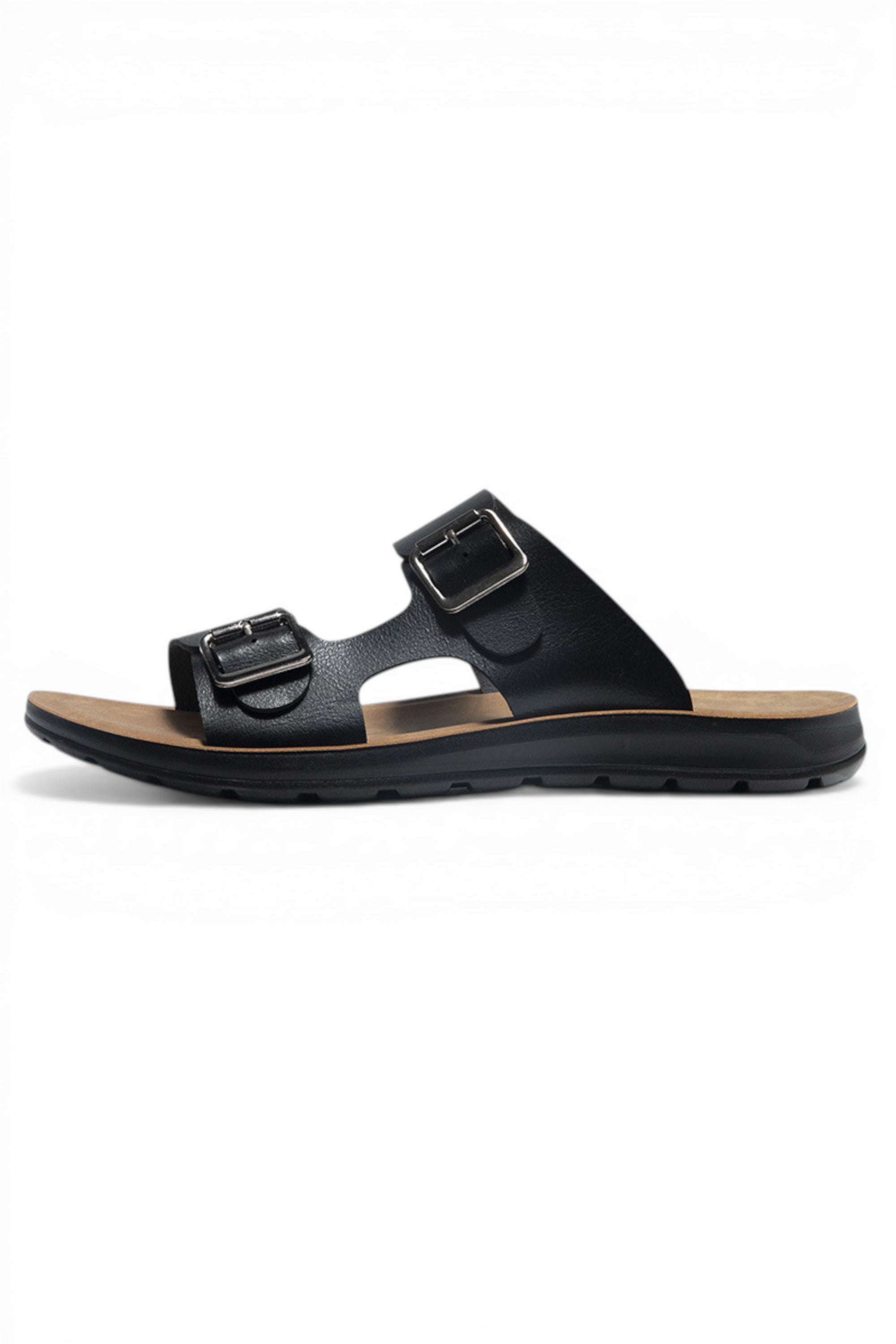 Black sandal with two buckles on a white background