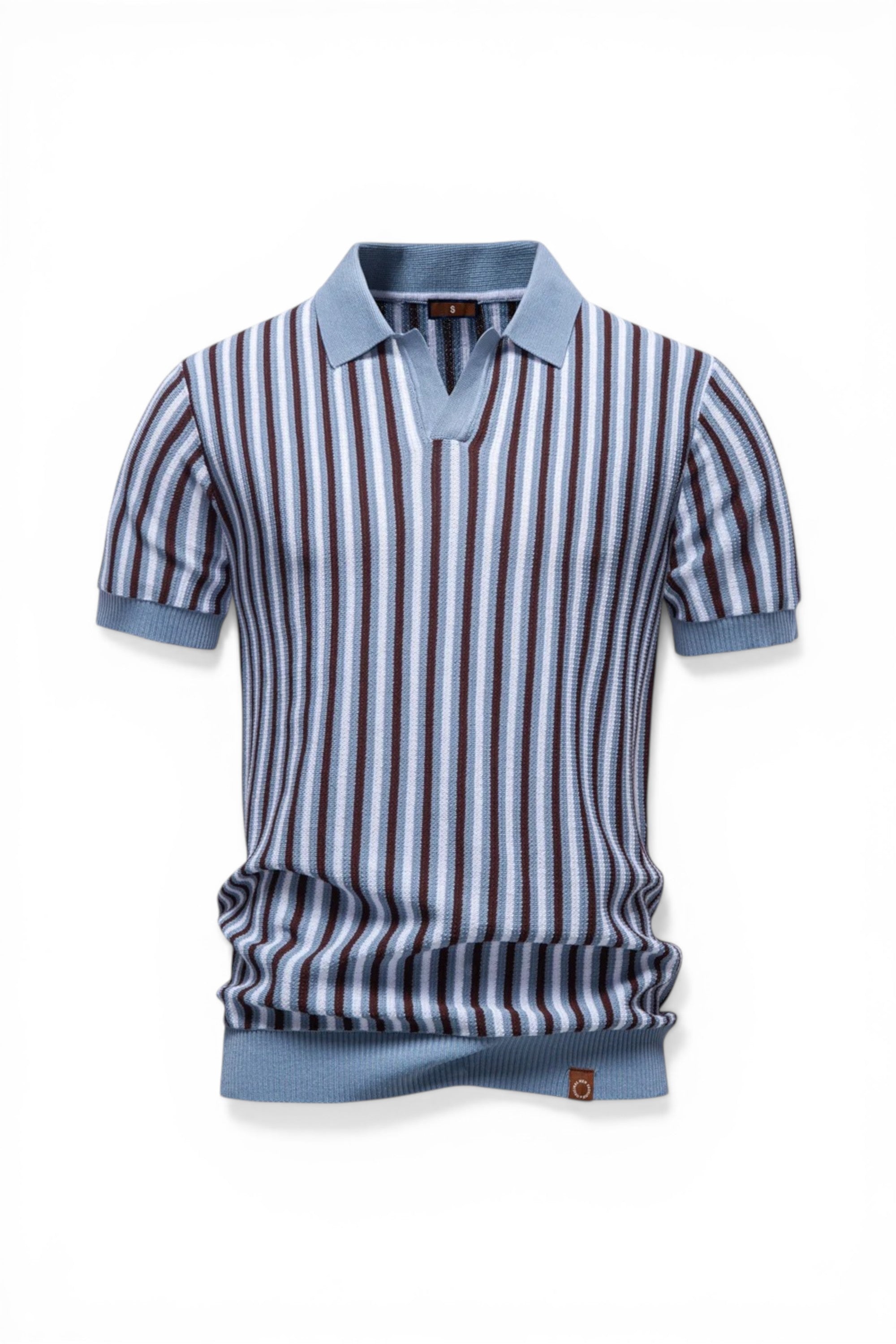 Striped polo shirt with blue collar on a white background