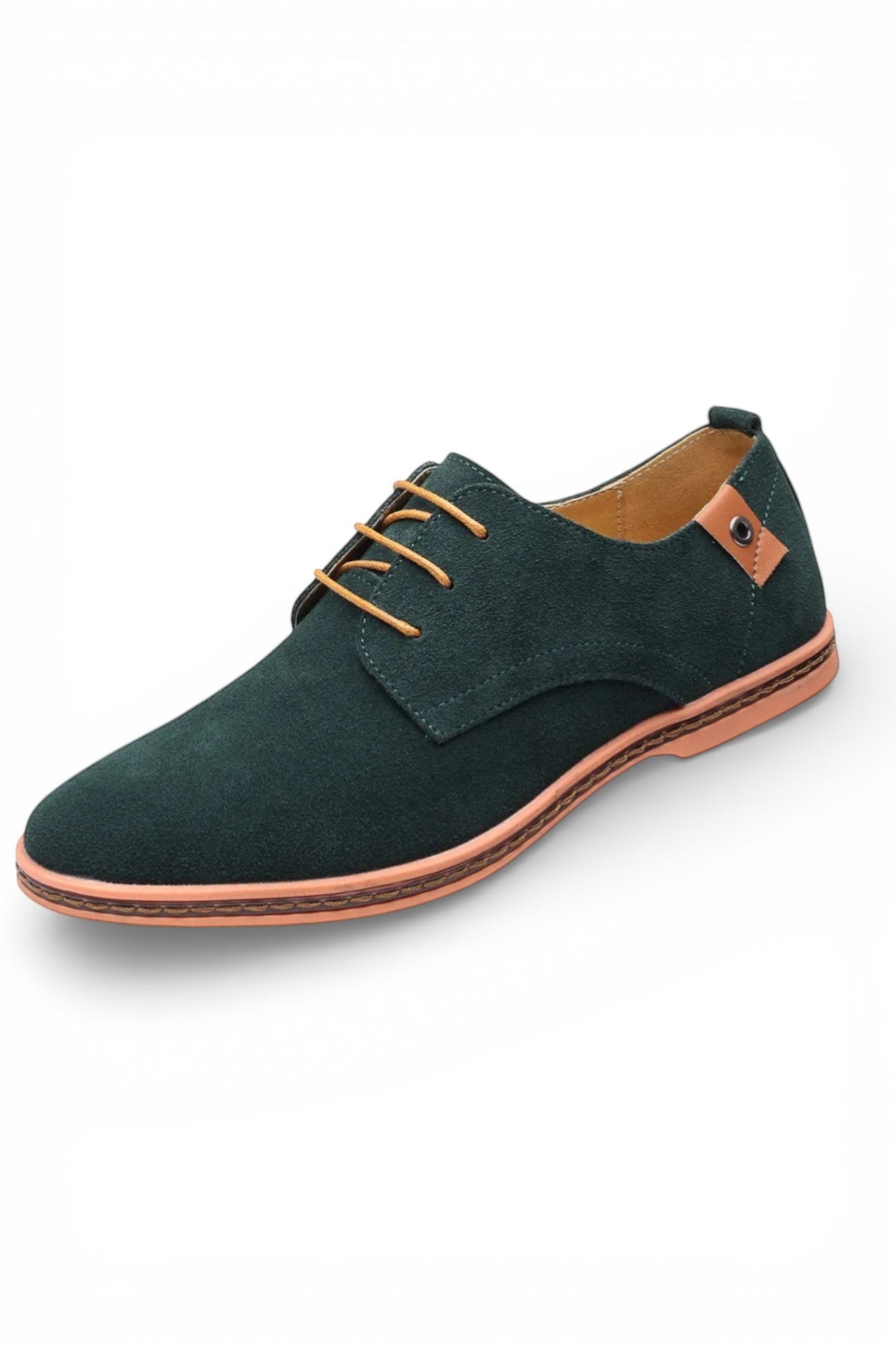 Green suede shoe with brown accents on a white background