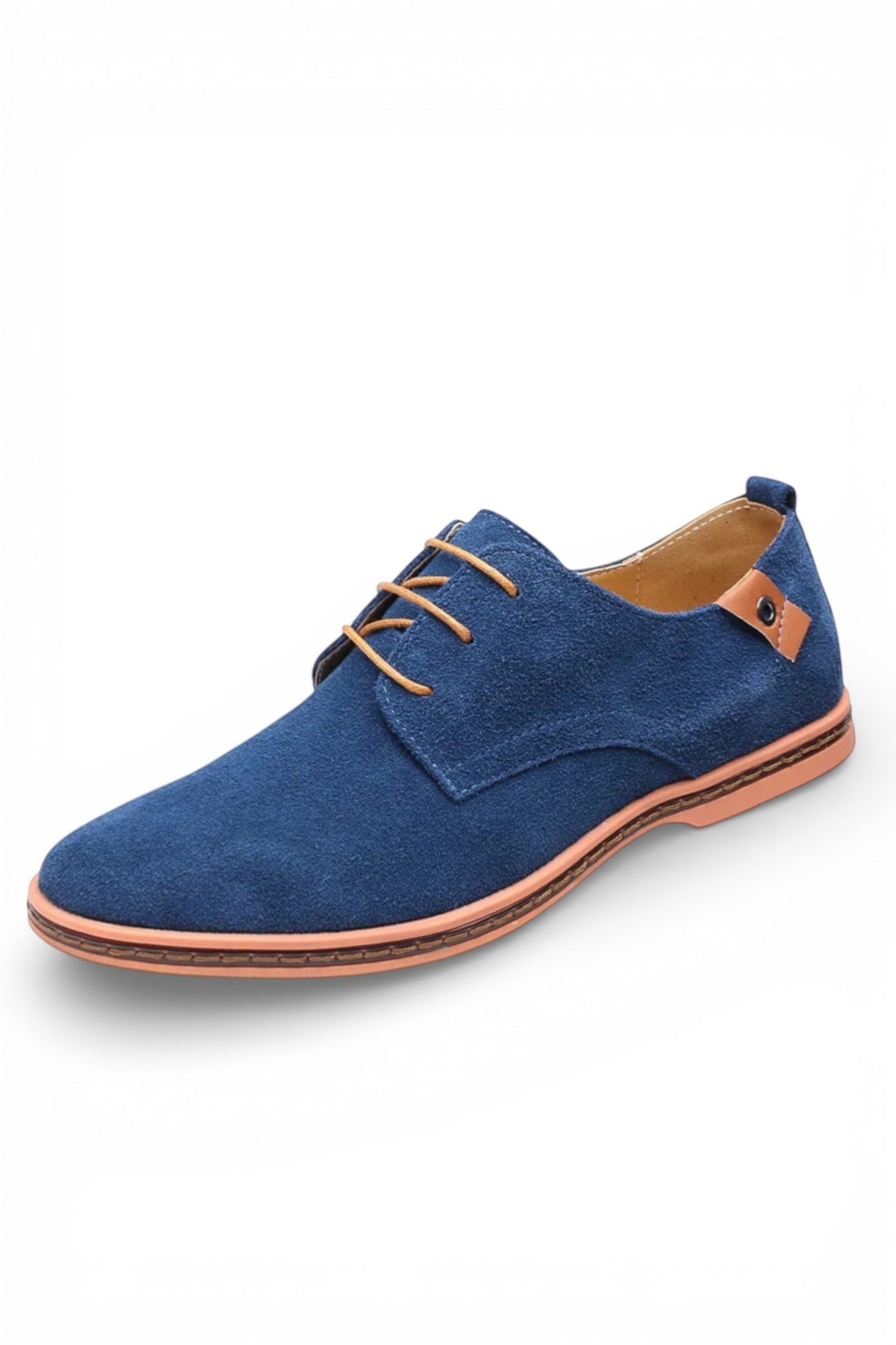 Blue suede shoe with brown sole on a white background