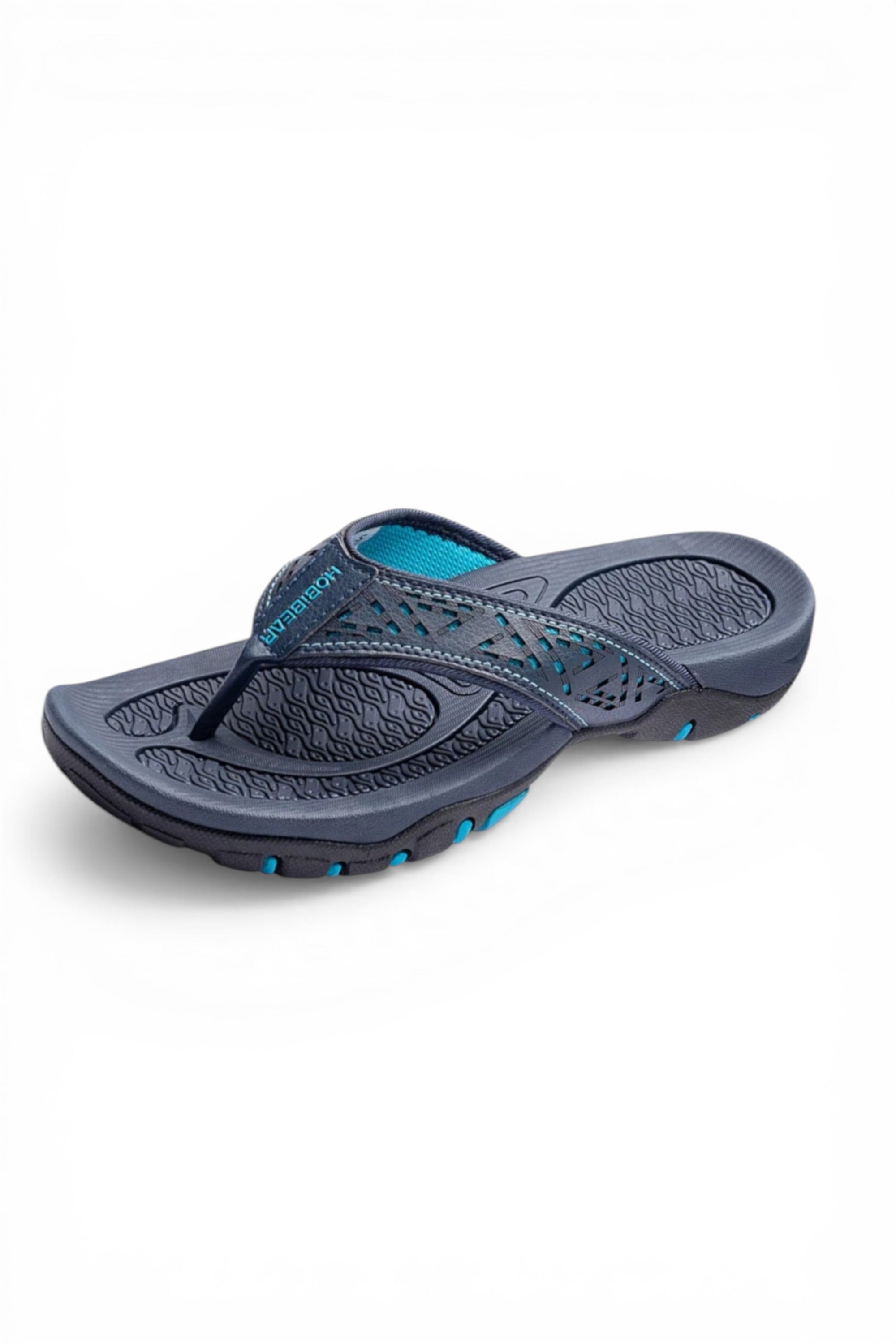 Gray sandal with blue accents on a white background