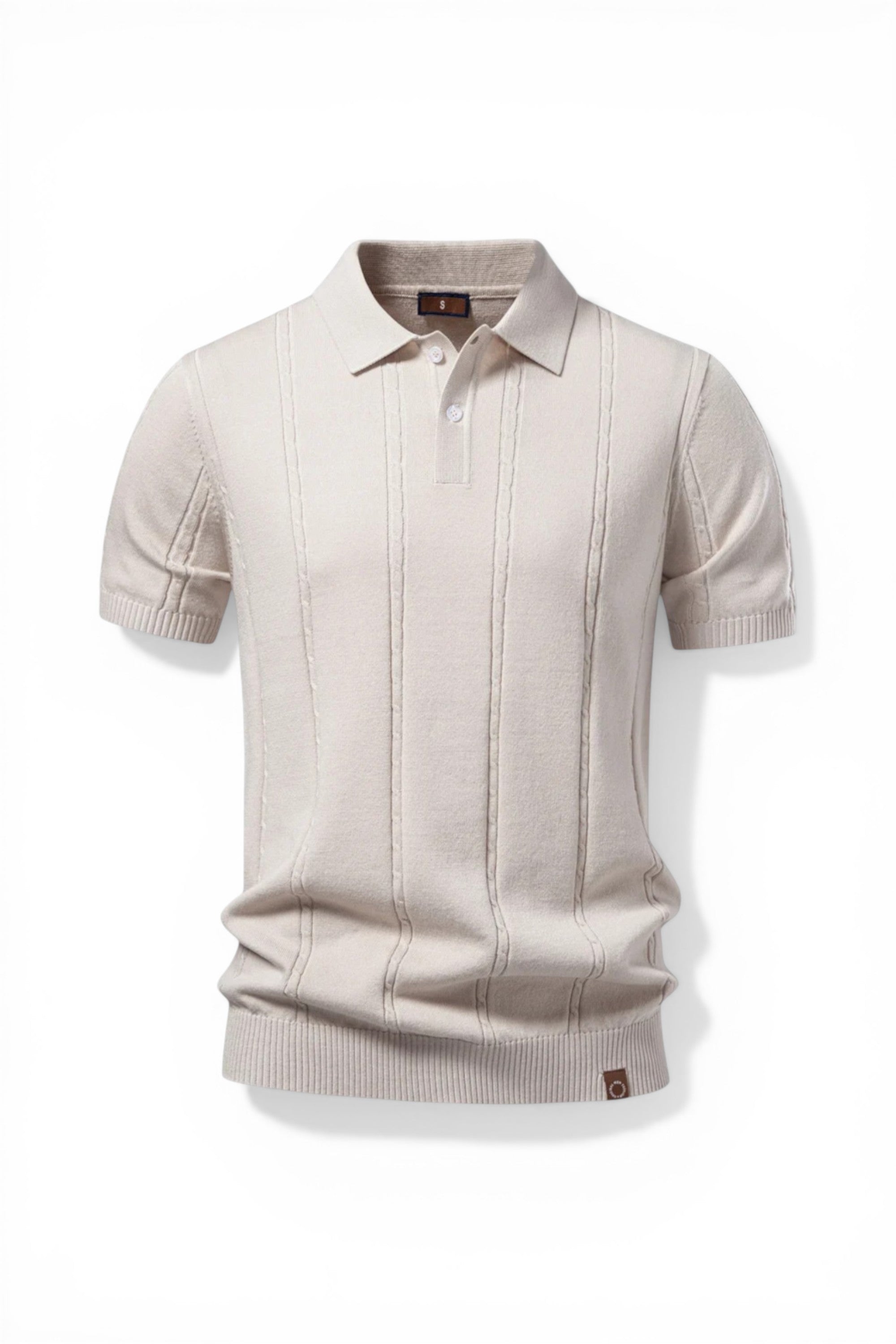 Beige short-sleeve knit polo shirt on a white background