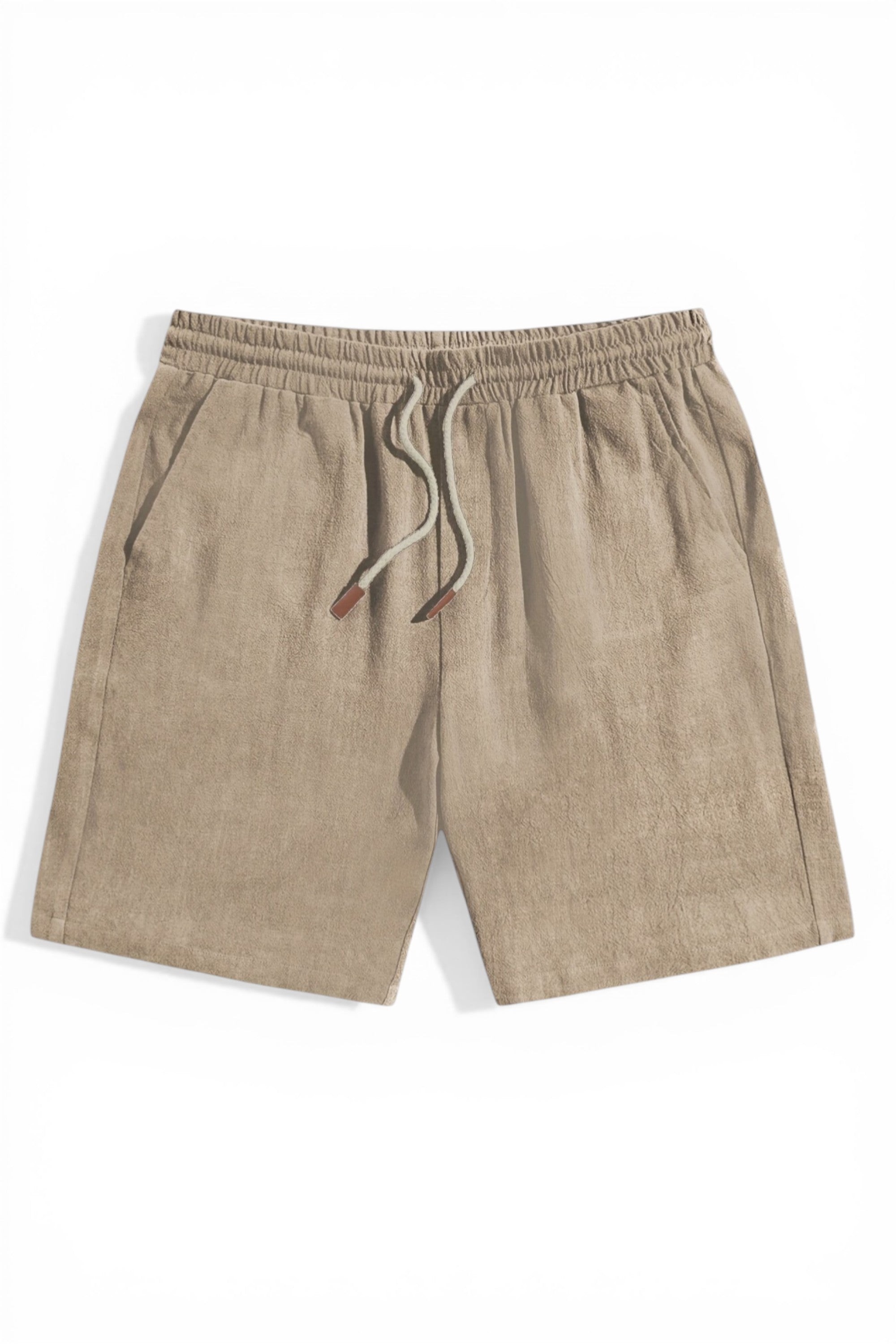 Beige shorts with drawstring on a white background