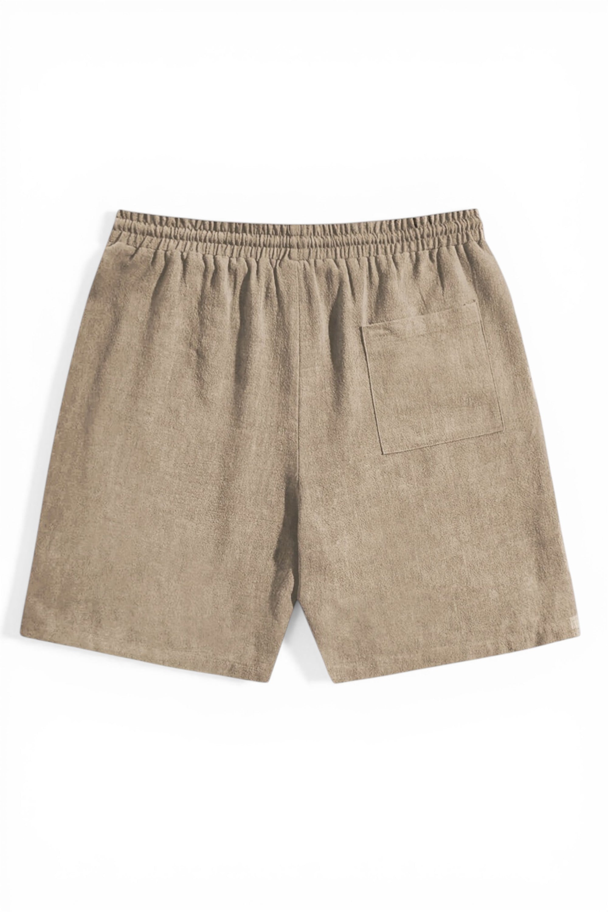Beige shorts with an elastic waistband on a white background