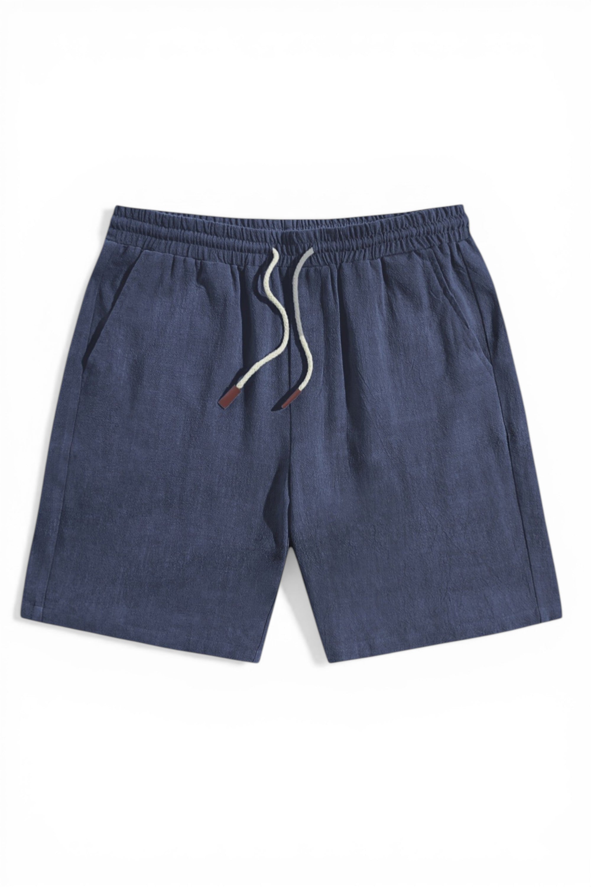 Blue shorts with a drawstring on a white background