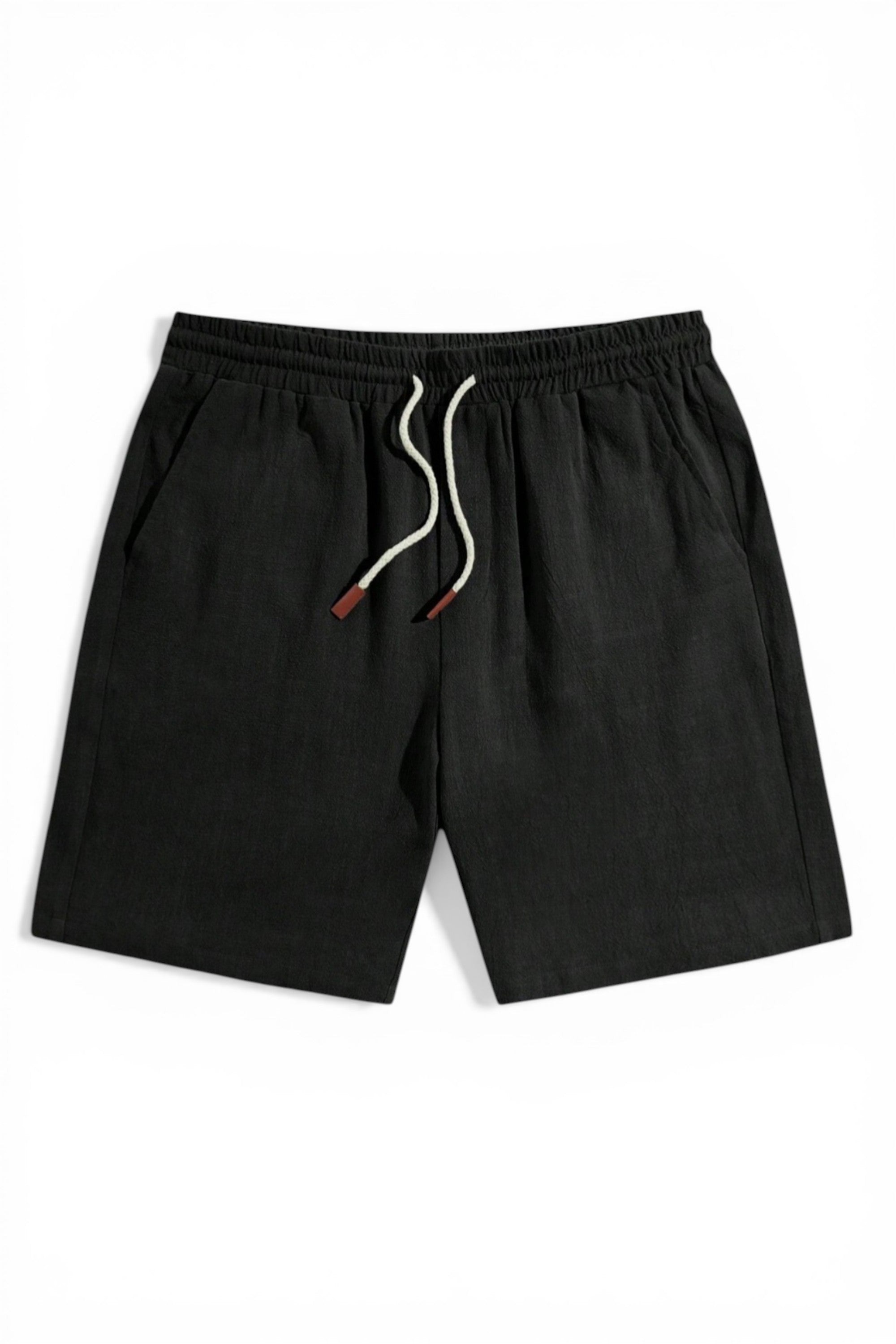 Black shorts with a drawstring on a white background