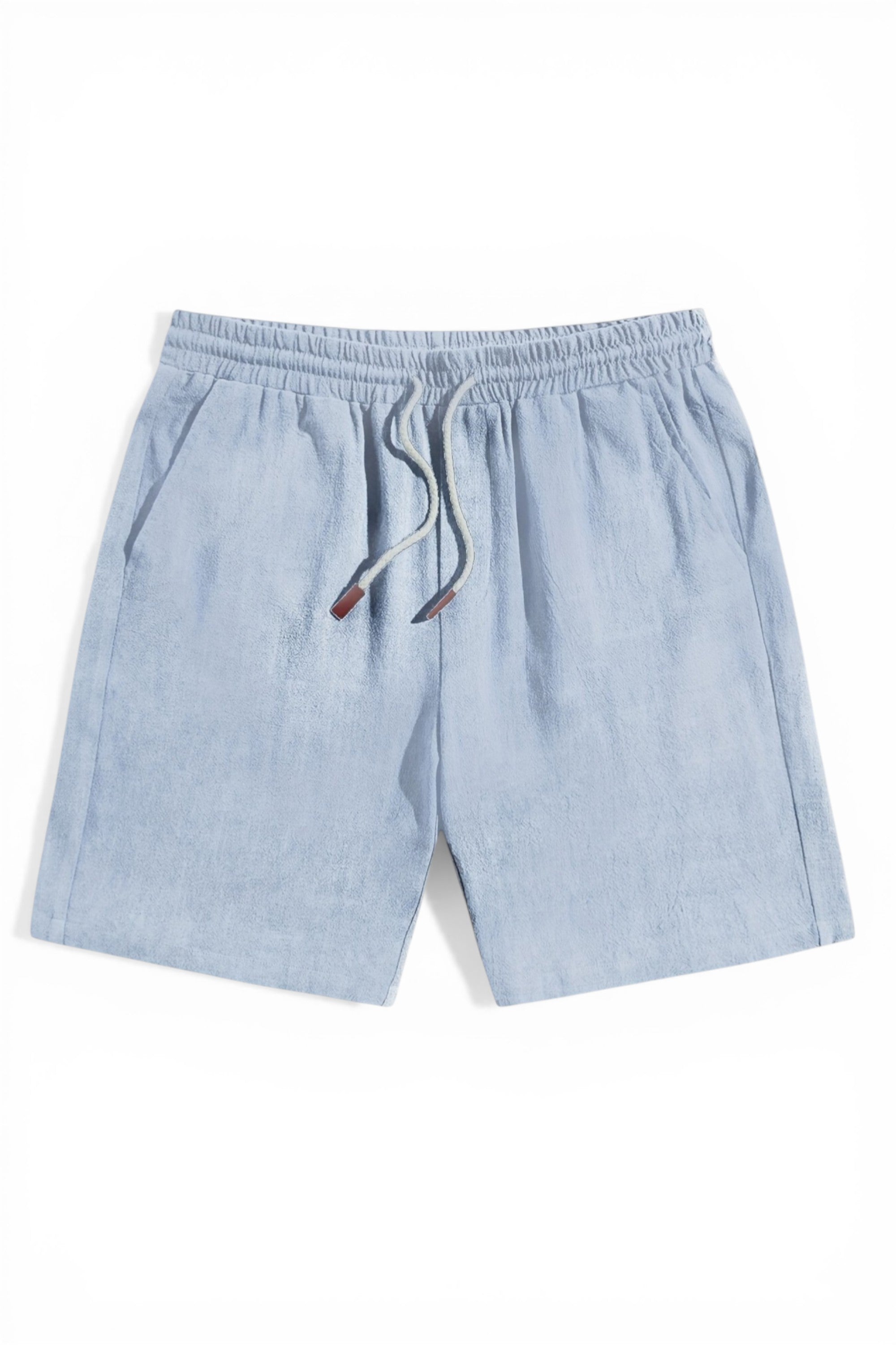 Light blue shorts with a drawstring on a white background